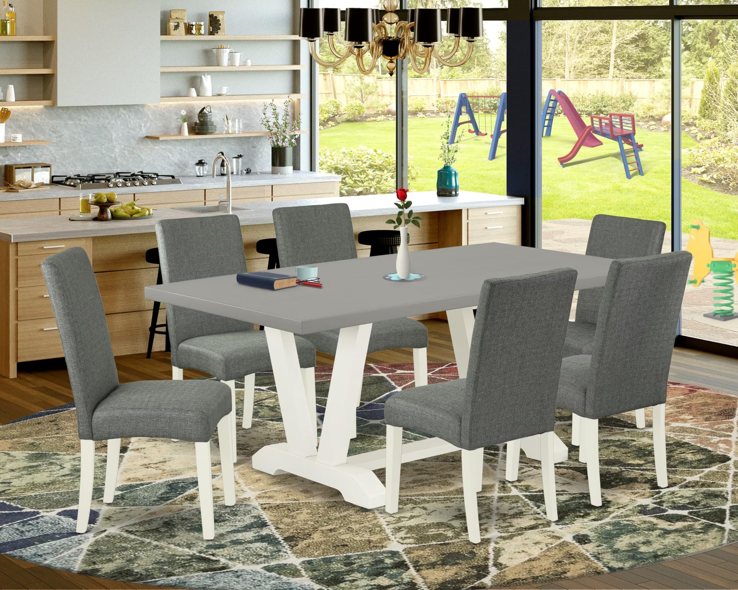 East West Furniture V097Dr207-7 7 Piece Dinette Set Consist Of A Rectangle Dining Room Table With V-Legs And 6 Gray Linen Fabric Upholstered Parson Chairs, 40X72 Inch, Multi-Color