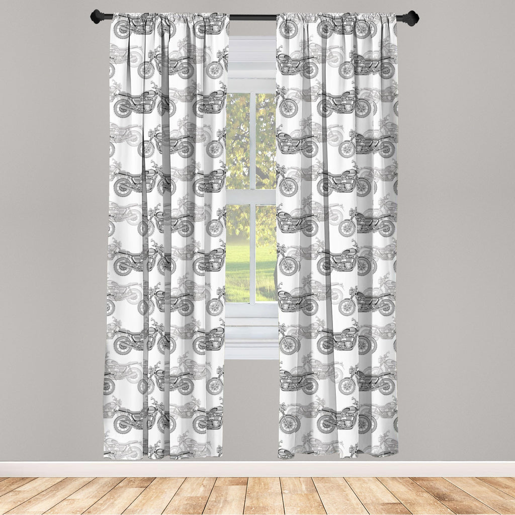 Ambesonne Motorcycle Window Curtains Pack Of 2, Realistic Grayscale Illustration Of Classic Motorcycles Many Details, Lightweigh