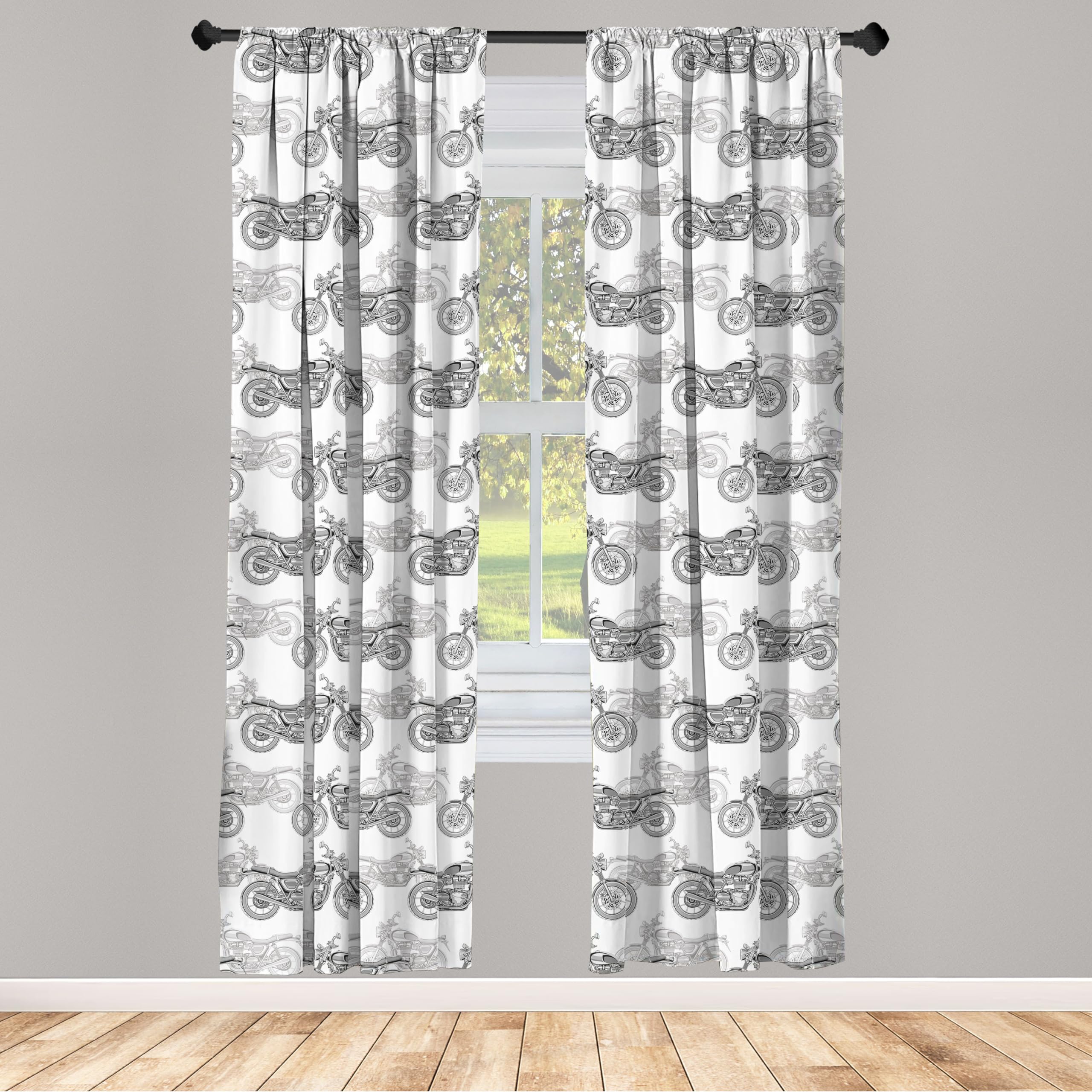 Ambesonne Motorcycle Window Curtains Pack Of 2, Realistic Grayscale Illustration Of Classic Motorcycles Many Details, Lightweigh