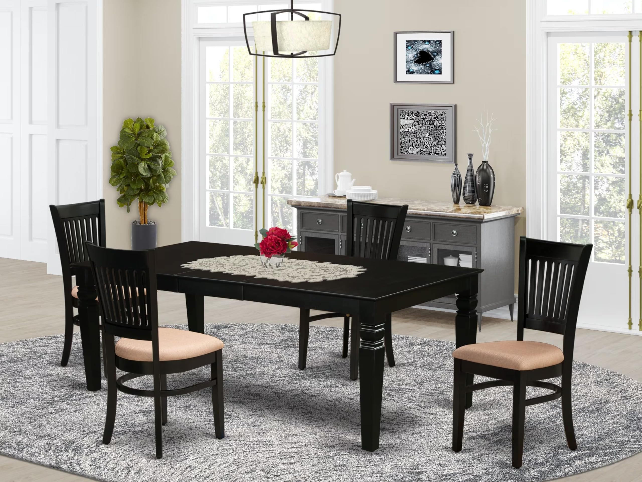 East West Furniture Lgva5-Blk-C 5 Piece Dining Room Furniture Set Includes A Rectangle Kitchen Table With Butterfly Leaf And 4 Linen Fabric Upholstered Chairs, 42X84 Inch, Black
