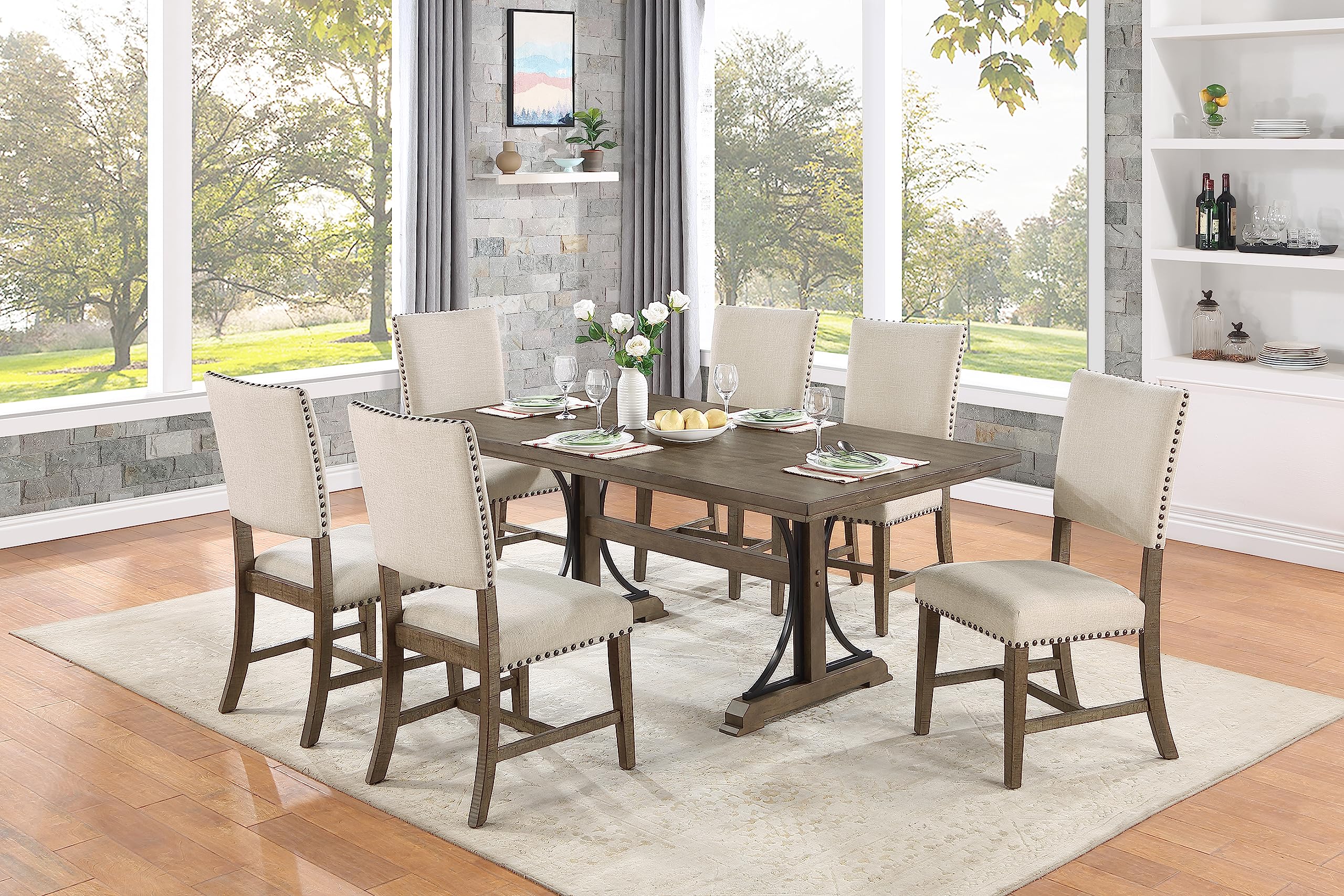 Best Quality Furniture D174D7 Dining Set, Brown Oak/Beige