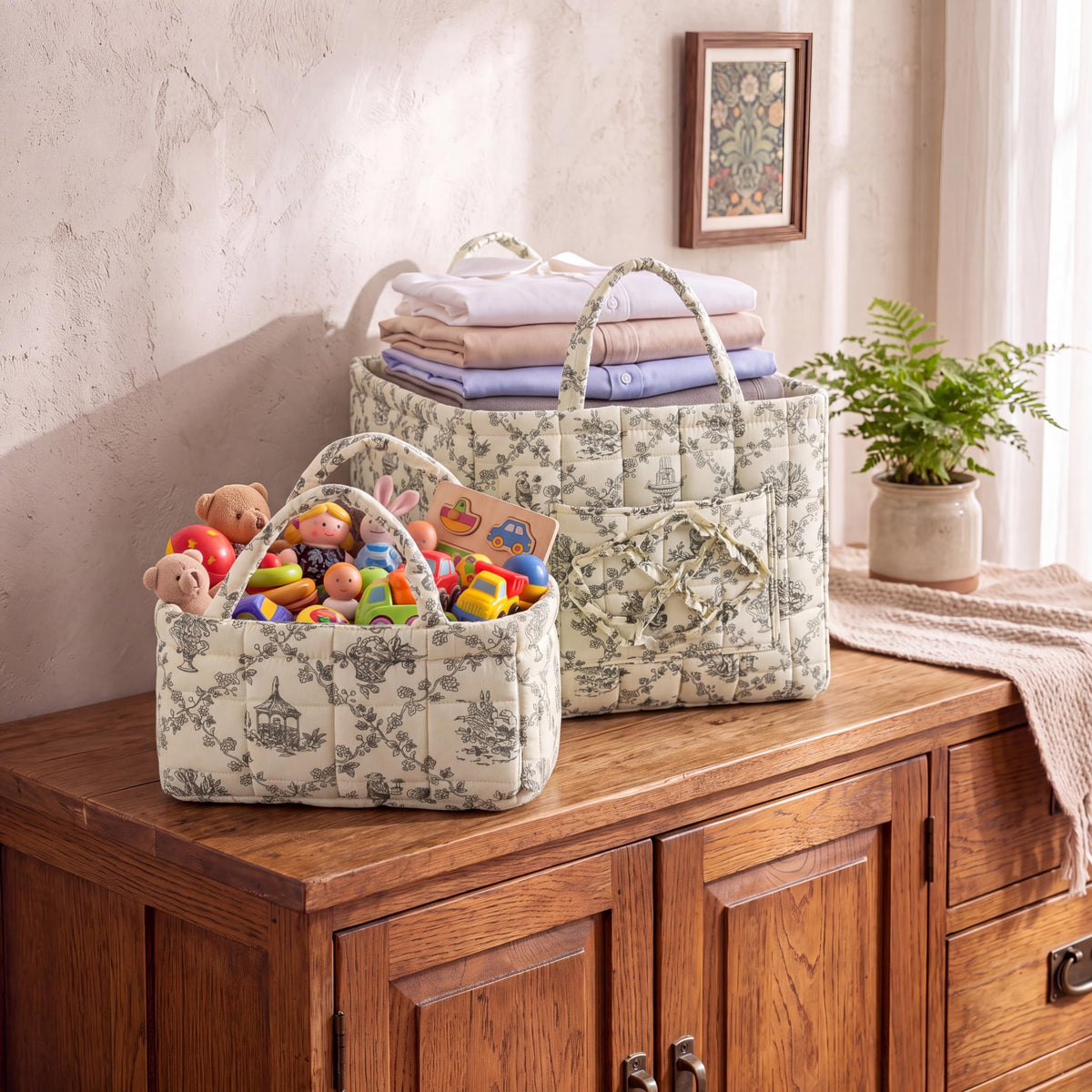 Ferrochef 2 Pcs Quilted Fabric Storage Basket with Handles Large Capacity Laundry Basket Boho Foldable Floral Laundry Organizer 