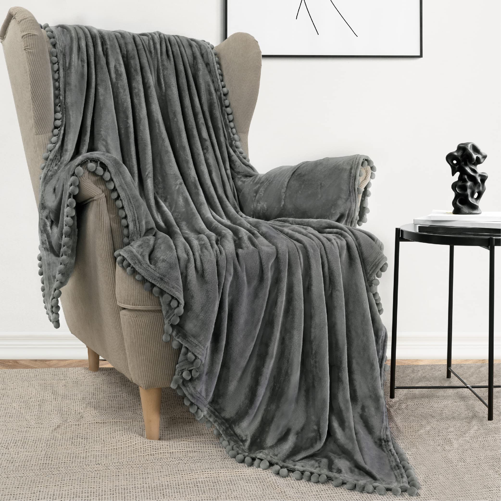 Pavilia Pom Pom Blanket Throw Twin, Dark Gray | Soft Fleece Pompom Fringe Blanket For Couch Bed Sofa | Decorative Cozy Plush War