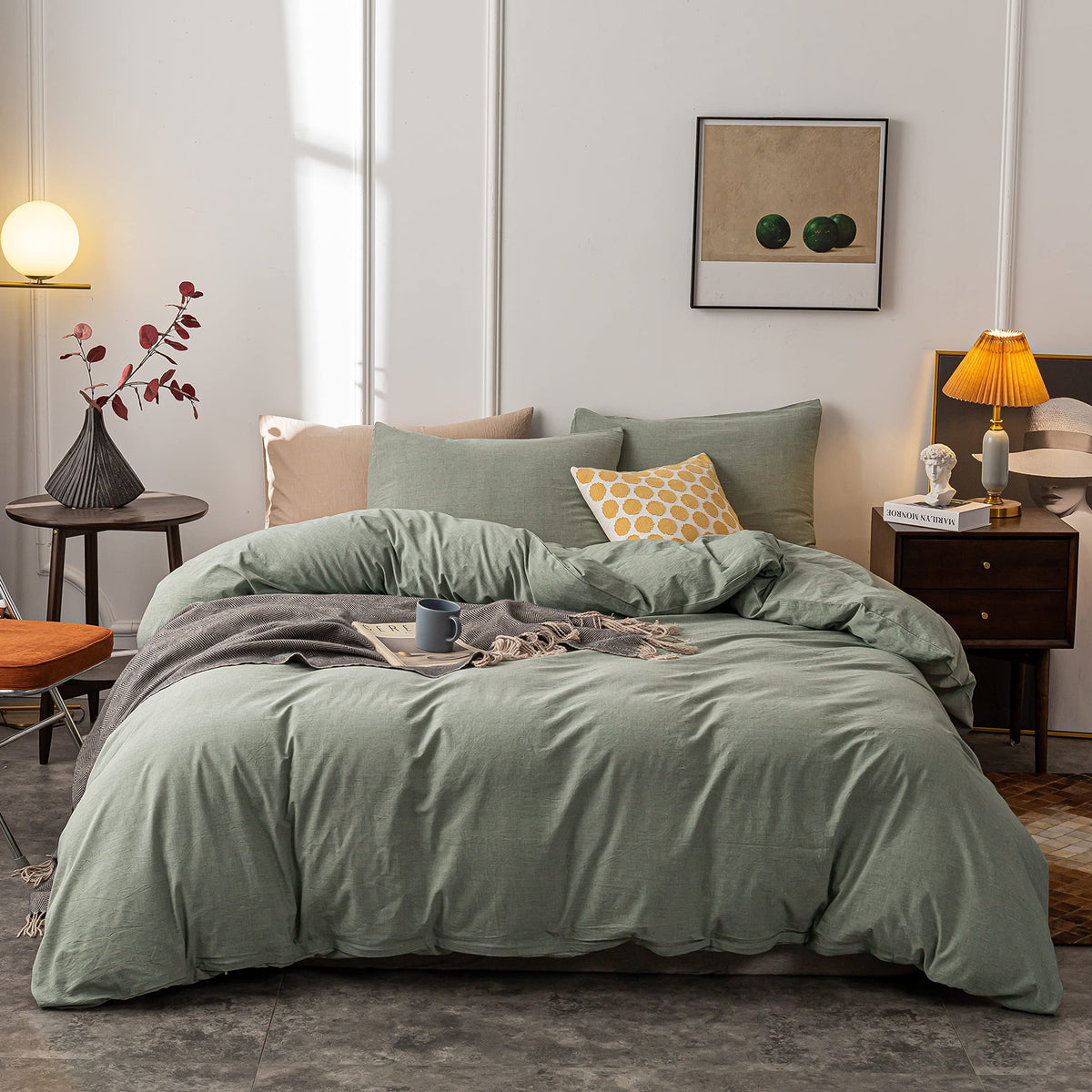 Janlive Washed Cotton Duvet Cover Queen Ultra Soft 100% Cotton Solid Color Olive Green Duvet Cover Set With Zipper Closure -3 Pi
