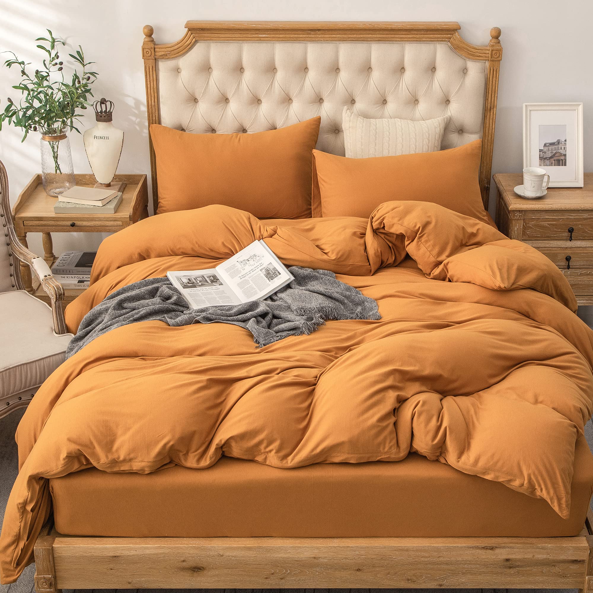 Pure Era Jersey Knit Duvet Cover Set 100% T-Shirt Cotton Super Soft Comfy 2Pc Bedding Set With Zipper Closure (Solid Burnt Orang