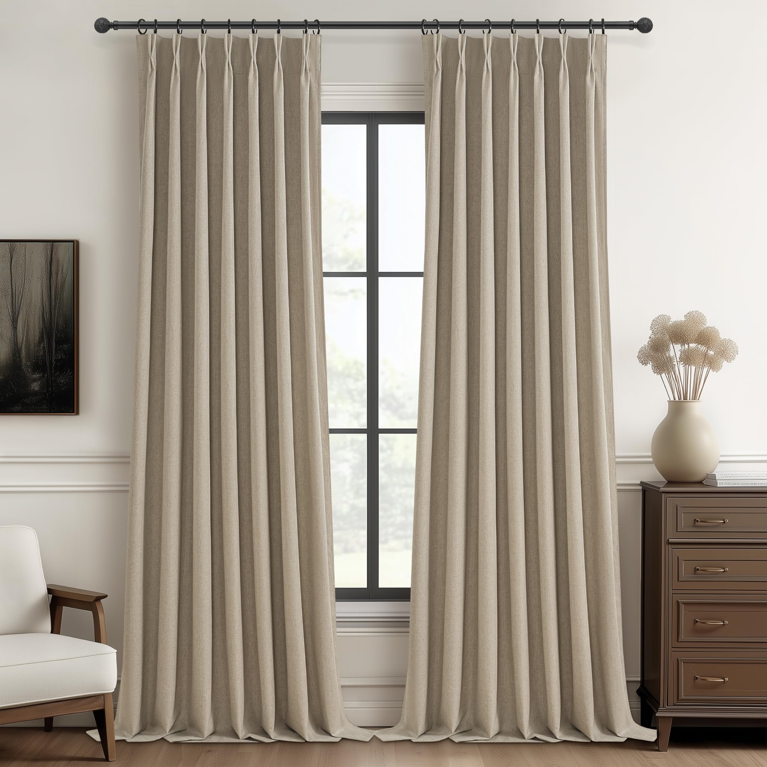 GreyBeige 120 Inch Extra Long Curtains for Living Room 2 Panels Set, Memory Trained Pinch Pleated Blackout Lux Decor Window Drap