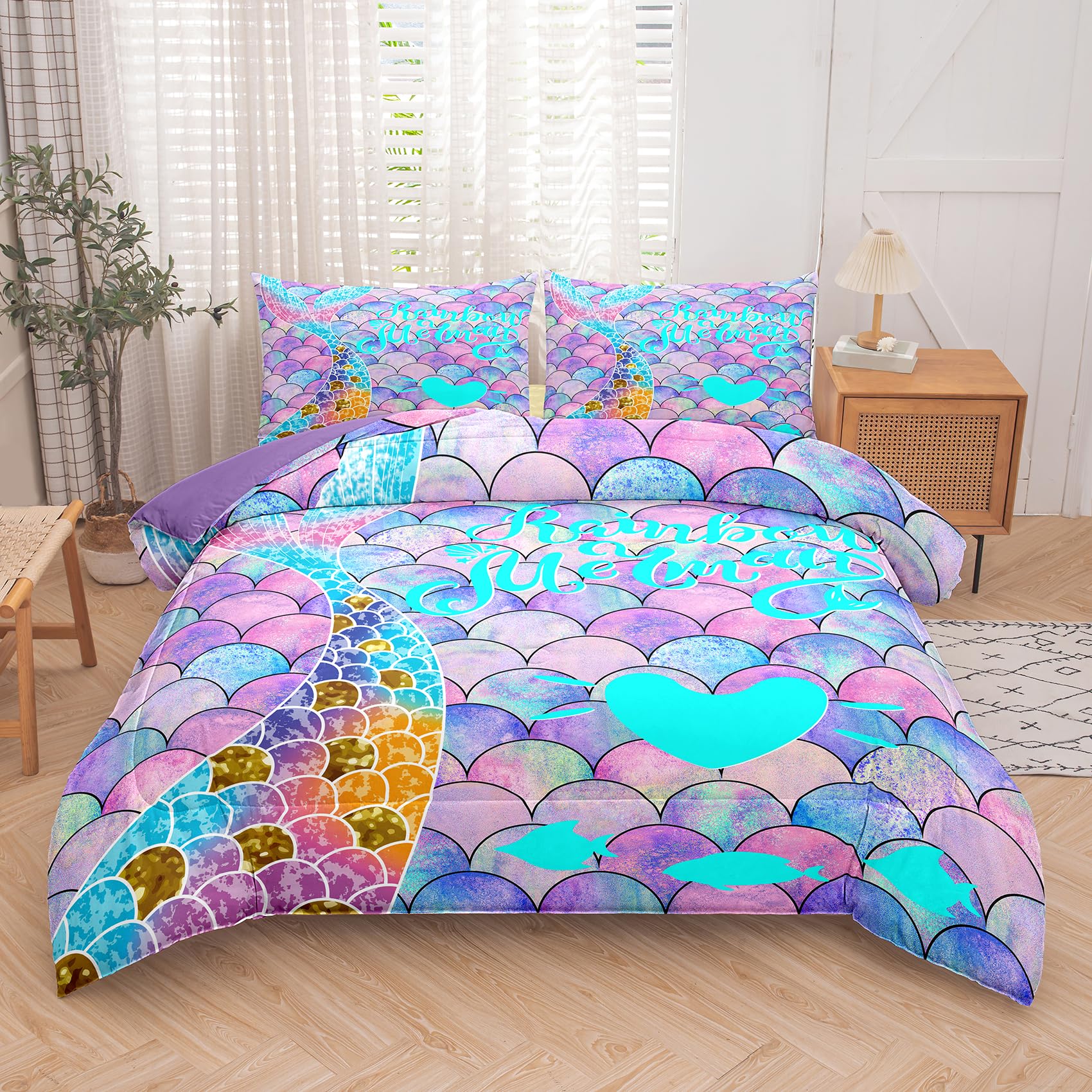Ninenine Blue And Purple Mermaid Tail Comforter Sets For Girls,Full Size Rainbow Princess Bedding,Girly Glitter Comforter Sets,S