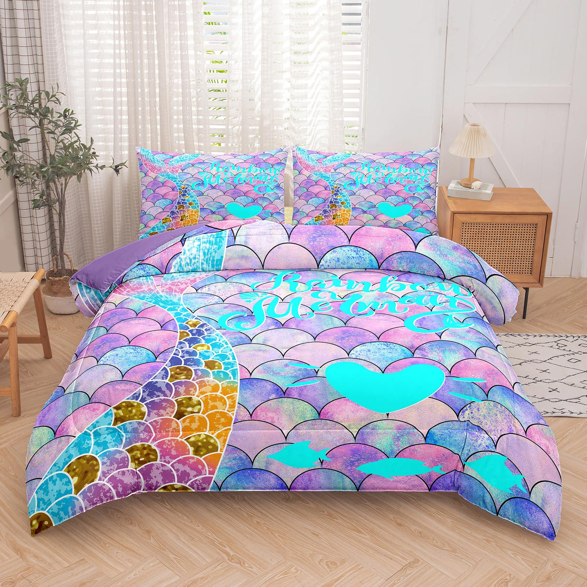 Ninenine Blue And Purple Mermaid Tail Comforter Sets For Girls,Full Size Rainbow Princess Bedding,Girly Glitter Comforter Sets,S