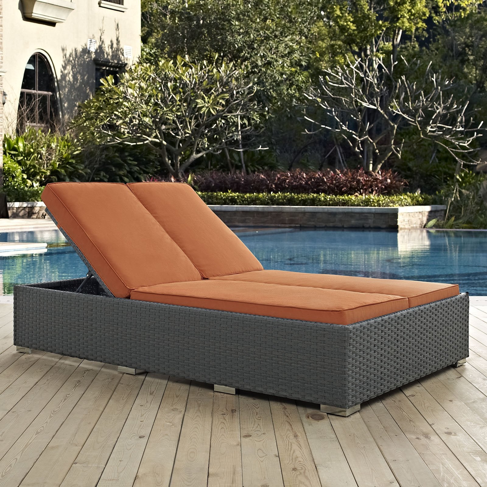 Modway Sojourn Wicker Rattan Outdoor Patio Sunbrella Fabric Double Chaise in Chocolate Tuscan