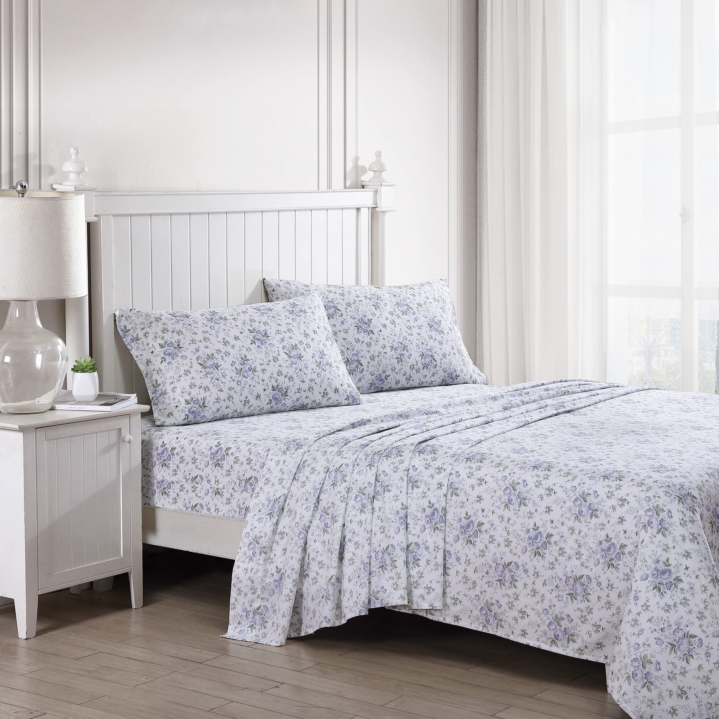 Laura Ashley Home King Sheet Set, Soft Sateen Cotton Bedding Set - Sleek, Smooth, & Breathable,Lilian Purple
