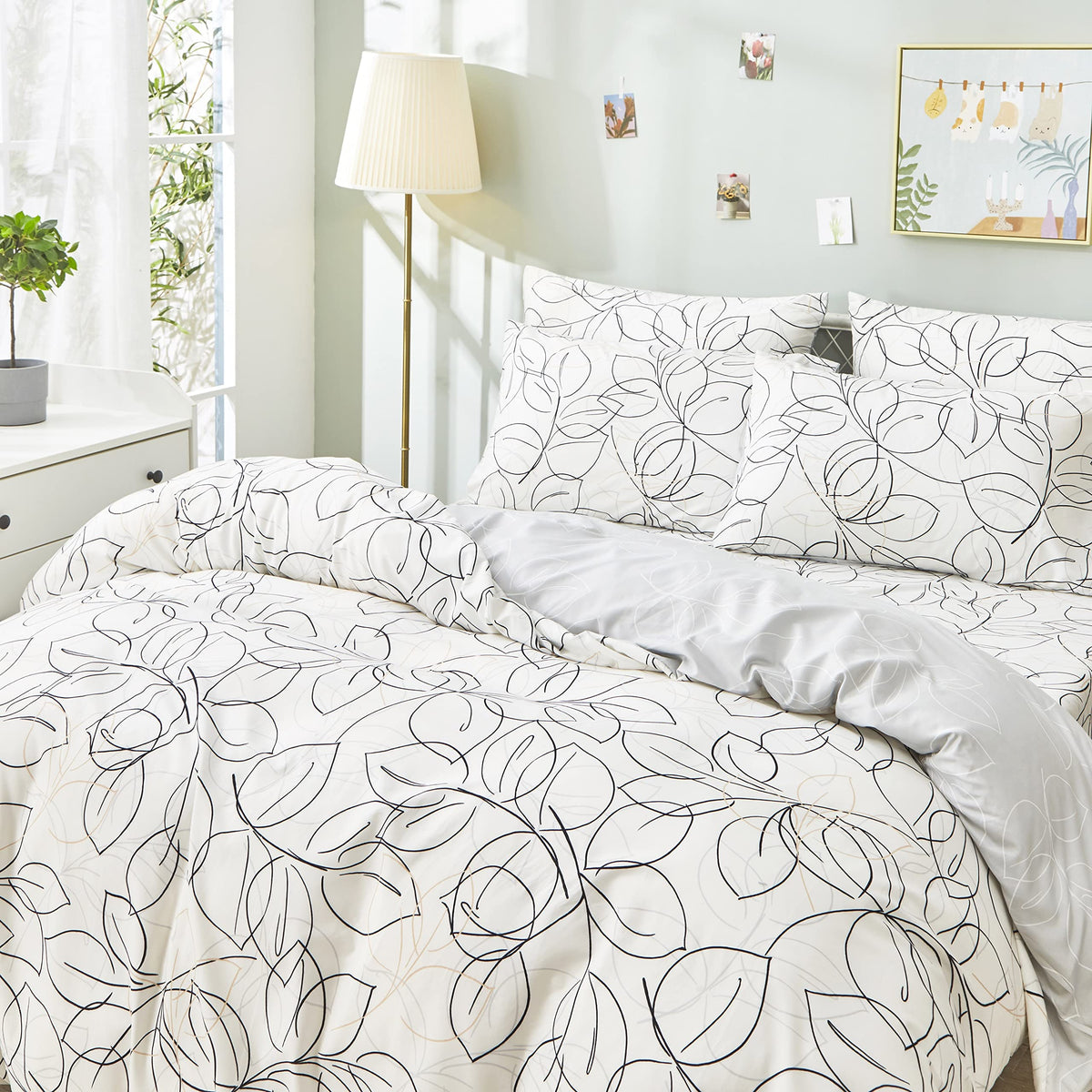 Tache 3 Pieces Modern Abstract Floral Leaf Minimalist Line Art White Black Grey Gold Reversible Duvet Cover Set, Cal King