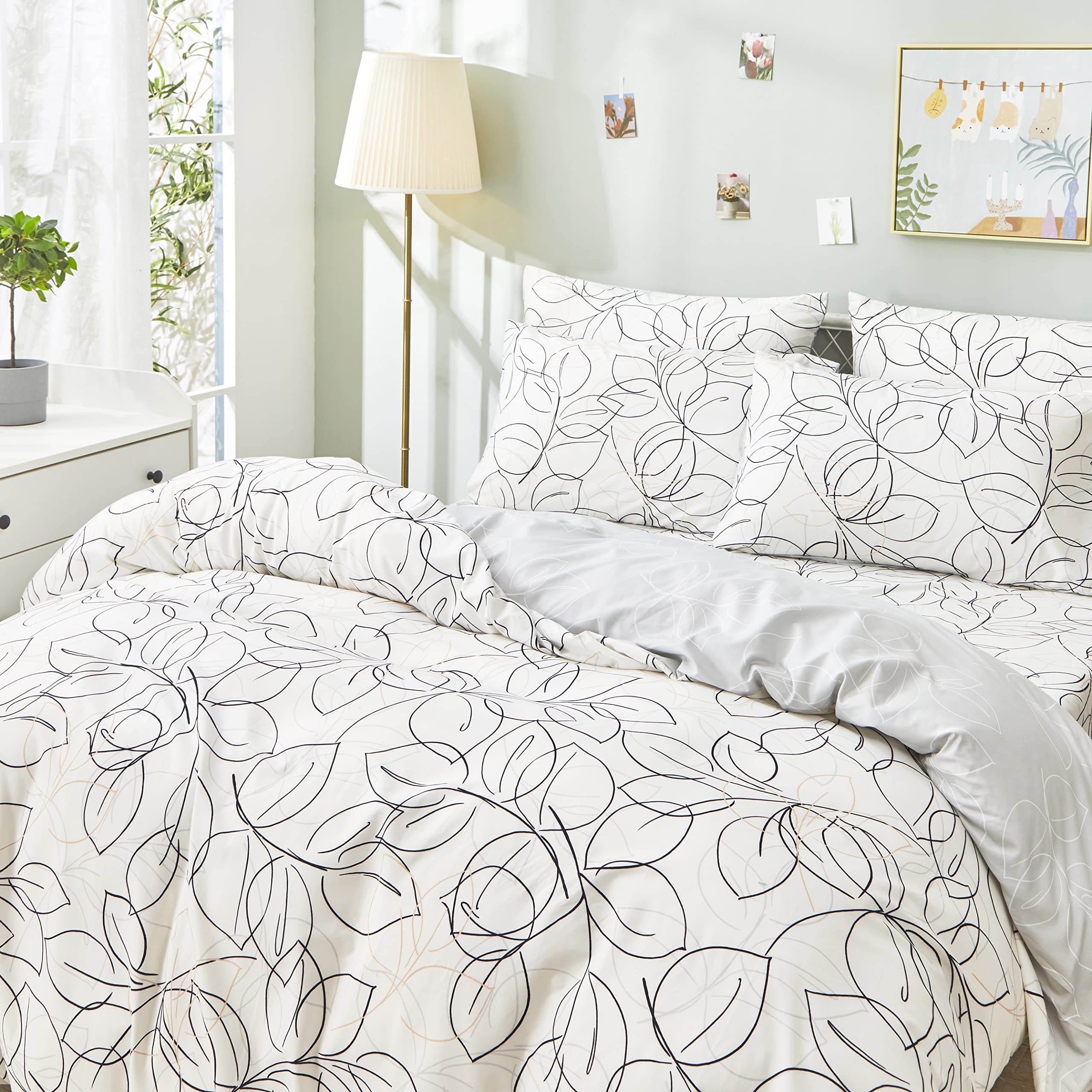 Tache 3 Pieces Modern Abstract Floral Leaf Minimalist Line Art White Black Grey Gold Reversible Duvet Cover Set, Cal King