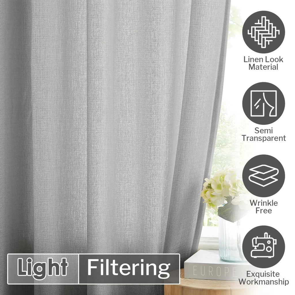 Melodieux Silver Gray Semi Sheer Curtains 108 Inches Long For Living Room Bedroom, Extra Long Linen Look Rustic Rod Pocket Sheer