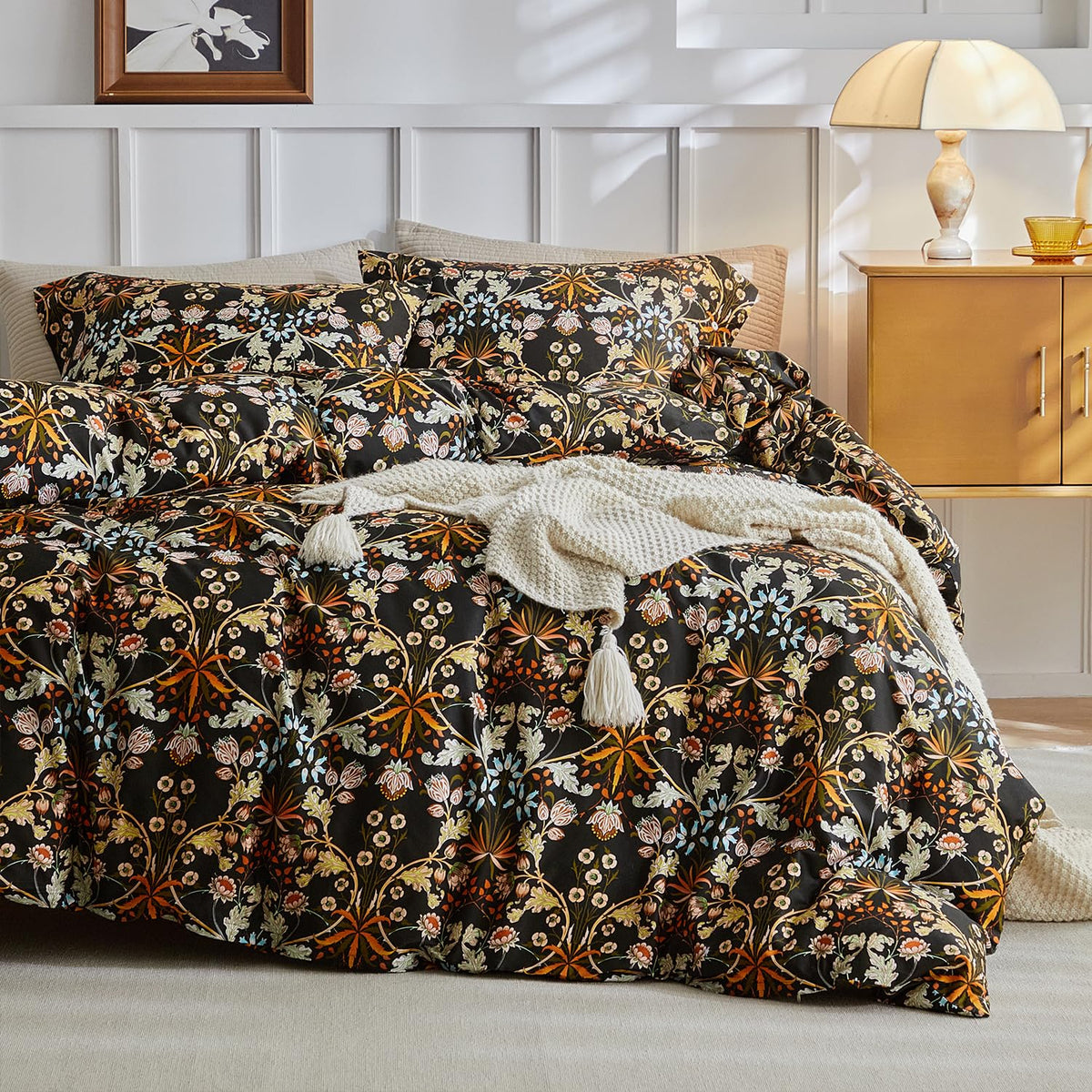 Mixinni Duvet Cover Full Size, Cotton Percale Farmhouse Bedding Sets Soft Aesthetic Flowers Plants Comforter Cover For All Seaso