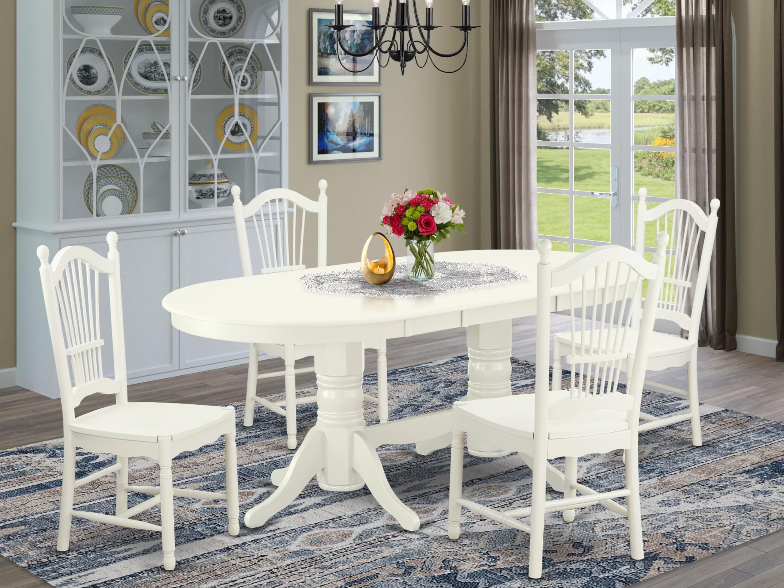 East West Furniture Vado5-Lwh-W 5 Piece Dining Set Includes An Oval Dining Room Table With Butterfly Leaf And 4 Wood Seat Chairs, 40X76 Inch, Linen White