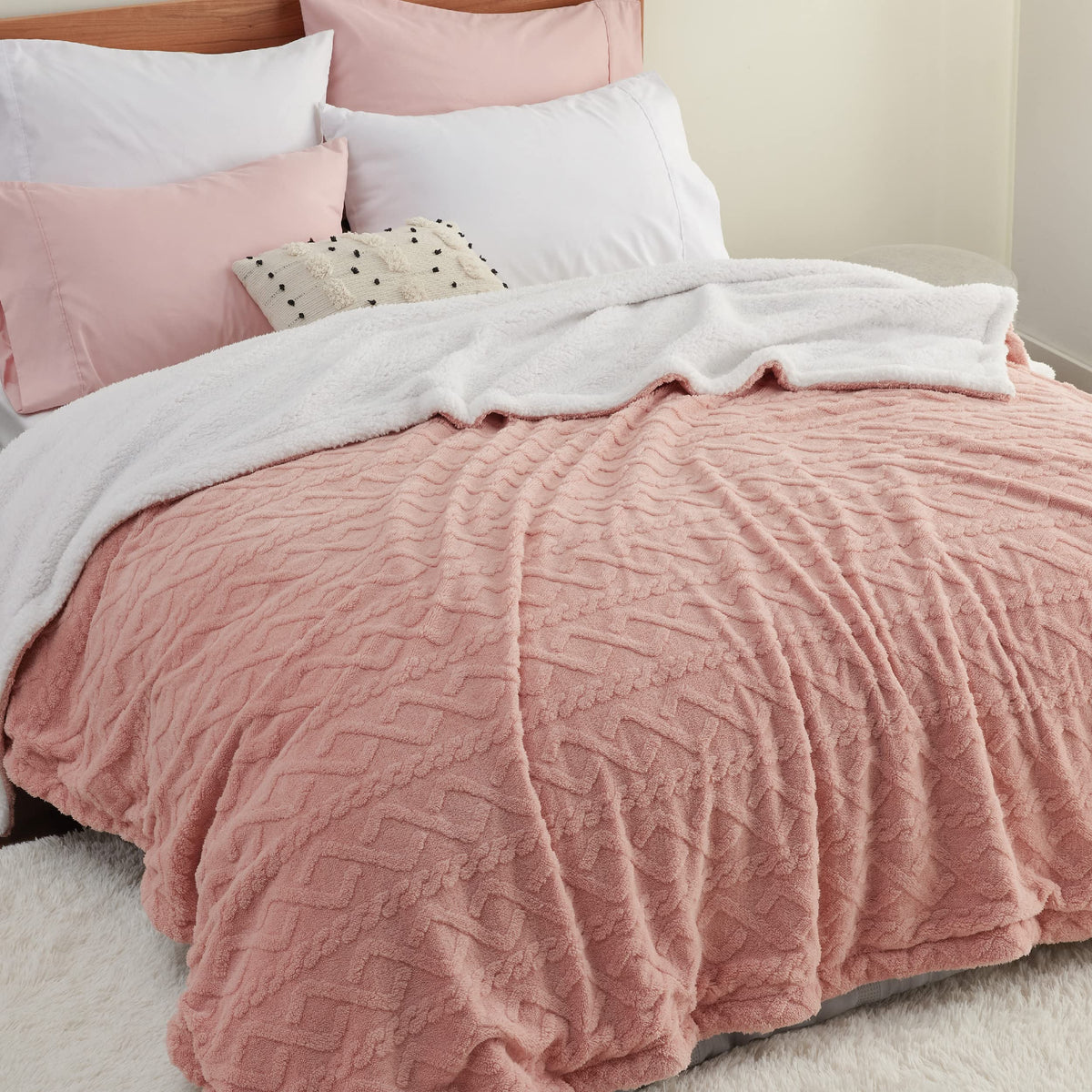 Bedsure Sherpa King Size Blanket For Bed- Fuzzy Soft Cozy Blanket King Size, Fleece Thick Warm Blanket For Winter, Dusty Pink Fa