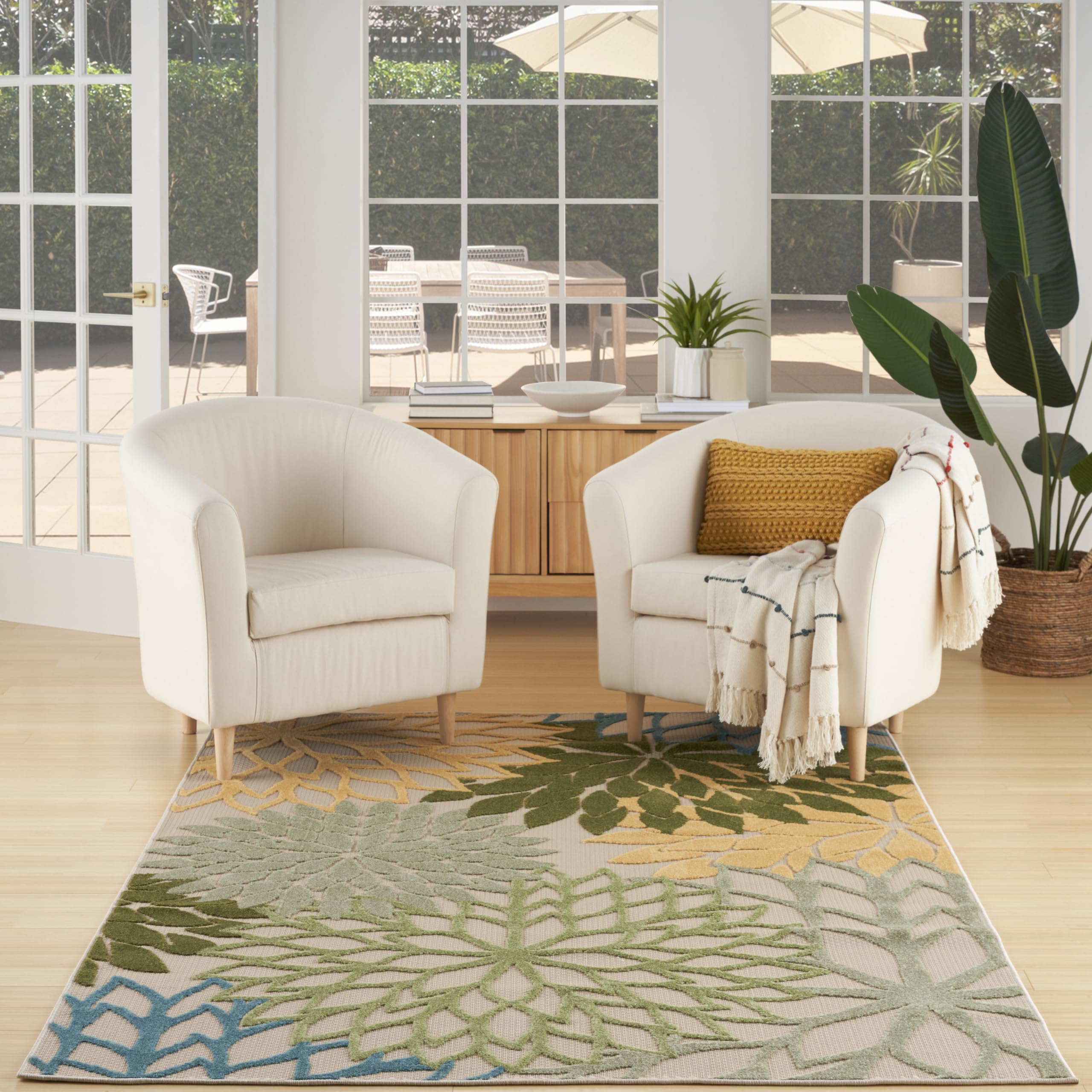 Nourison Aloha Tropical Indoor/Outdoor Green Multicolor 3'6' X 5'6' Area Rug, Easy Cleaning, Non Shedding, Bed Room, Living Room, Dining Room, Backyard, Deck, Patio (4X6)
