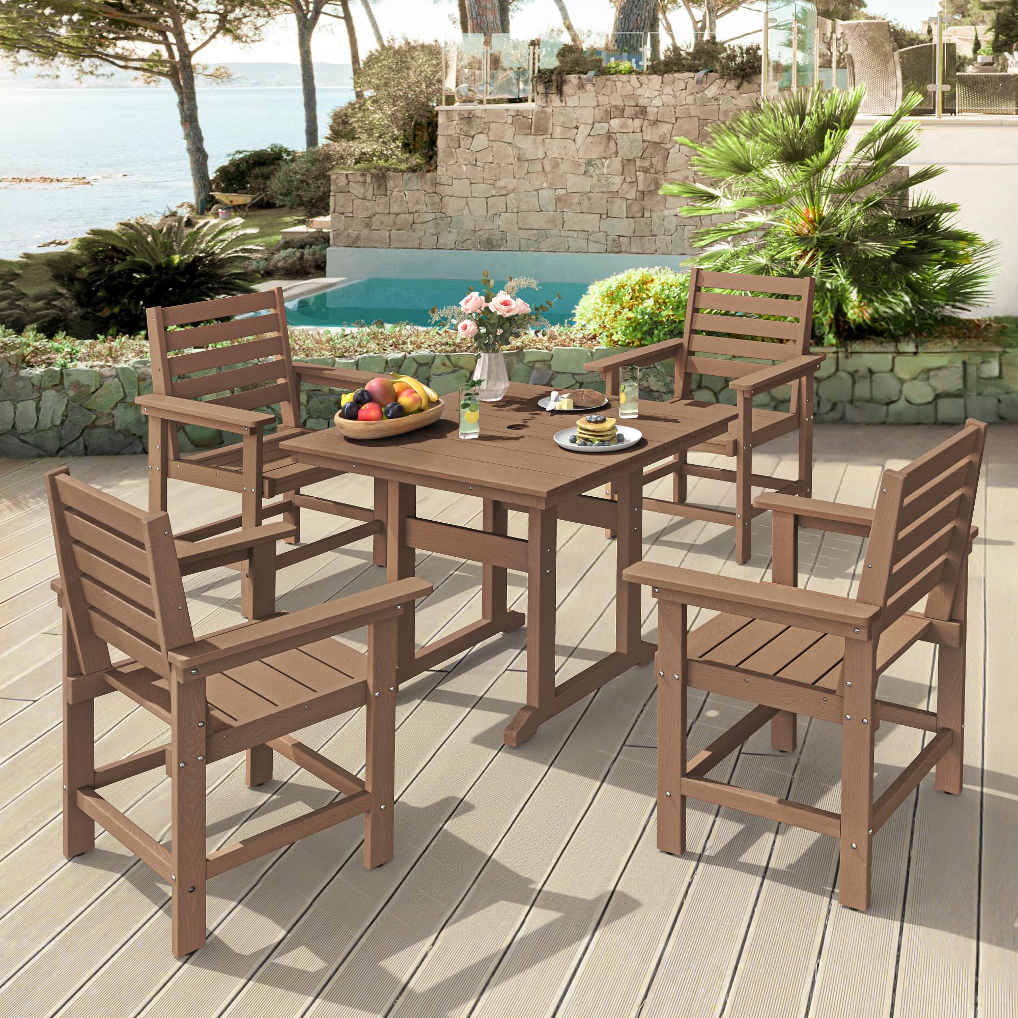 Homenjoy Patio Table and Chairs Set 5 Pieces, HDPE Weather Resistant Outdoor Dining Set with Umbrell Hole, Square Outdoor Dining