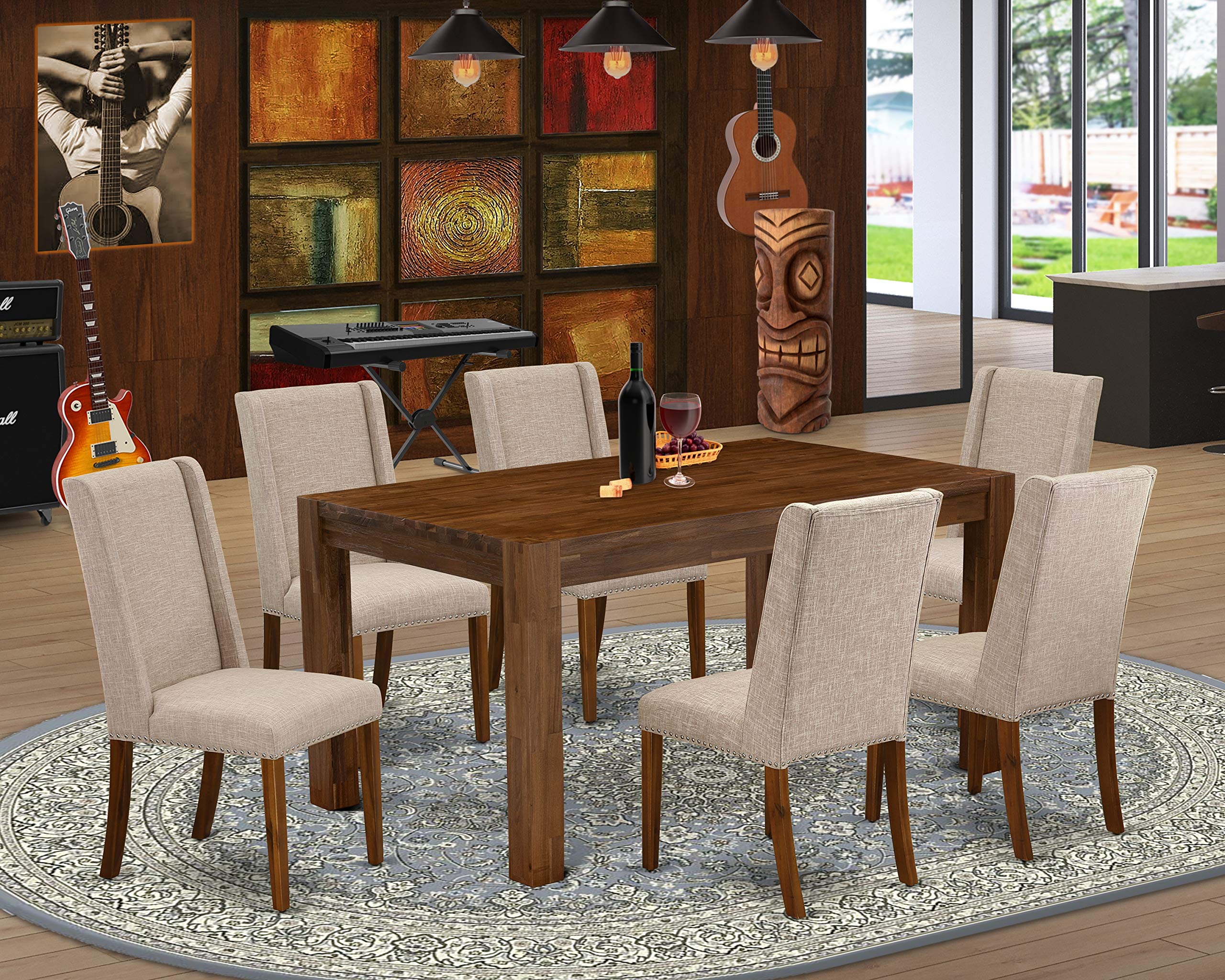 East West Furniture Cnfl7-N8-04 Celina 7 Piece Set Consist Of A Rectangle Rustic Wood Kitchen Table And 6 Light Tan Linen Fabric Parson Dining Room Chairs, 36X60 Inch