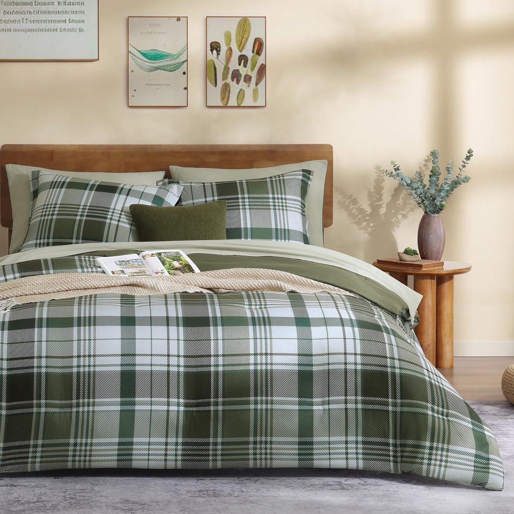 MAIREVE Full Size Comforter Set Olive Green, Plaid Design Comforter Set 7 Pieces, All Season Comfortable Bedding Sets Full, Ligh
