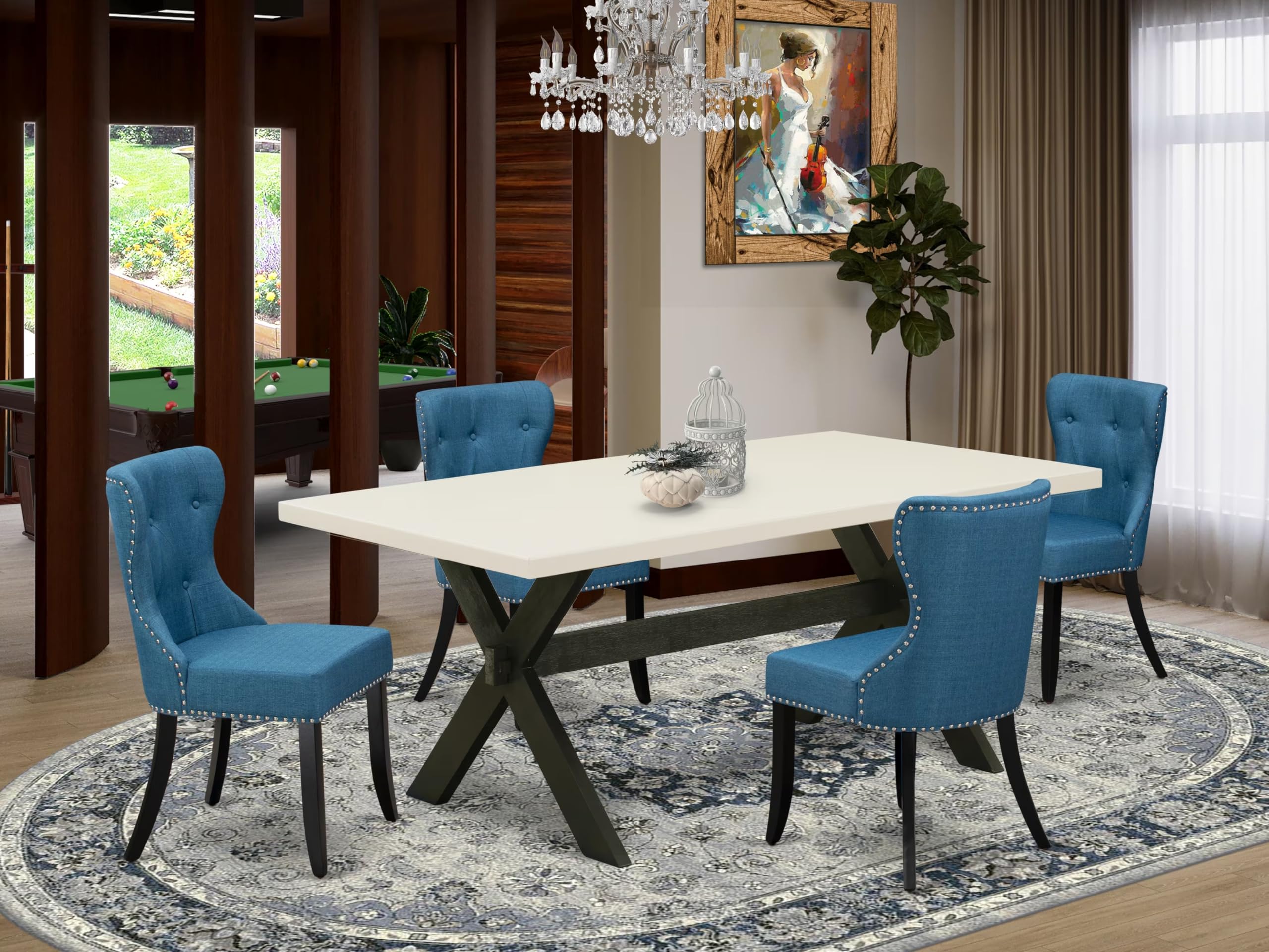 East West Furniture X627Si121-5 5 Piece Dining Room Furniture Set Includes A Rectangle Dining Table With X-Legs And 4 Blue Linen Fabric Upholstered Chairs, 40X72 Inch, Multi-Color
