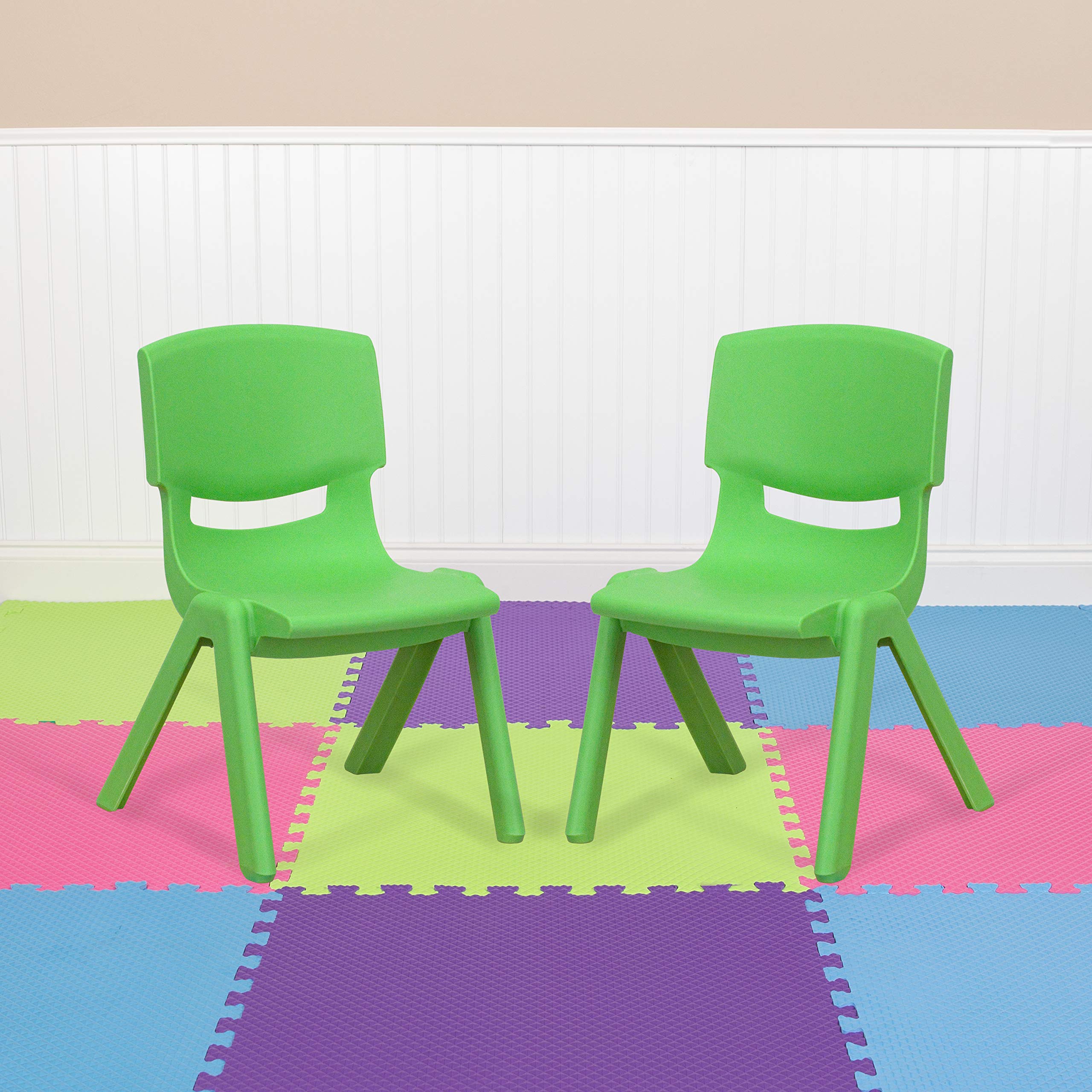 EMMA + OLIVER 2 Pack Green Plastic Stackable School Chair with 10.5 H Seat, Preschool Chair