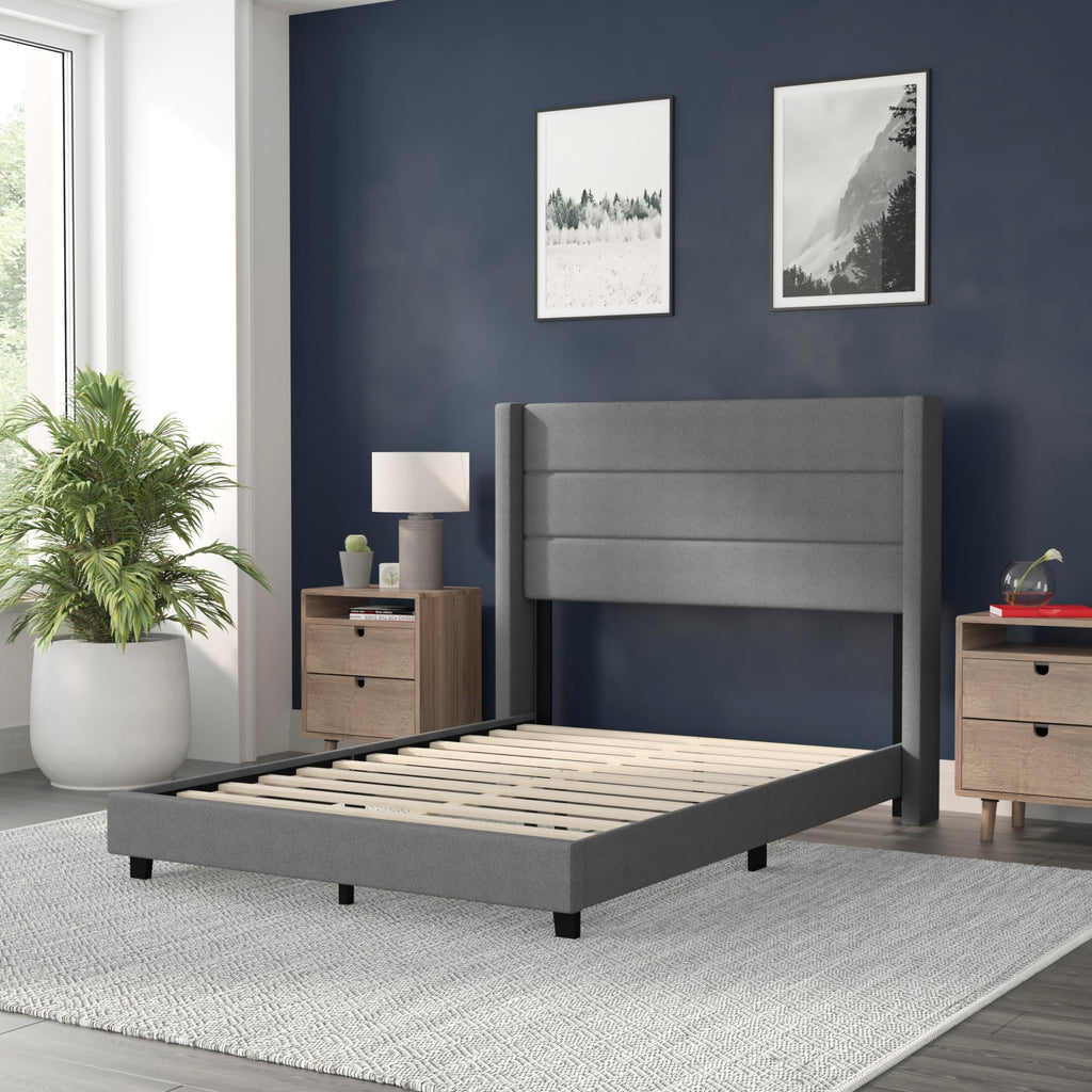 Flash Furniture Hollis Upholstered Platform Bed - Gray Faux Linen Wingback Headboard - Full - Mattress Foundation with Slatted Supports - No Box Spring Needed