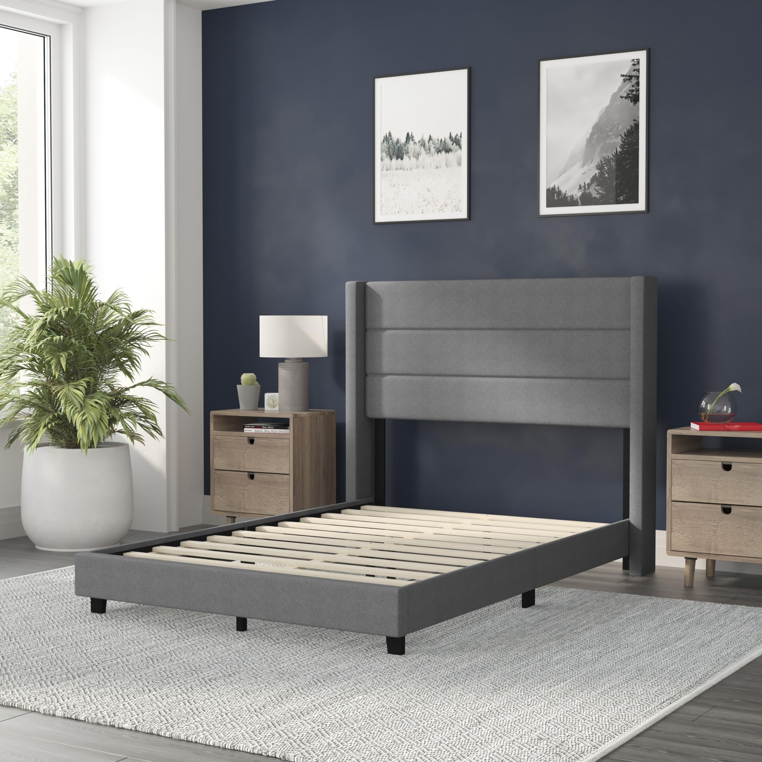 Flash Furniture Hollis Upholstered Platform Bed - Gray Faux Linen Wingback Headboard - Full - Mattress Foundation with Slatted Supports - No Box Spring Needed