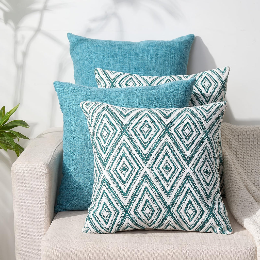 Hpuk Decorative Throw Pillow Covers Set Of 4 Geometric Design Linen Cushion Cover For Couch Sofa Living Room, 18'X18' Inches, Aqua Blue
