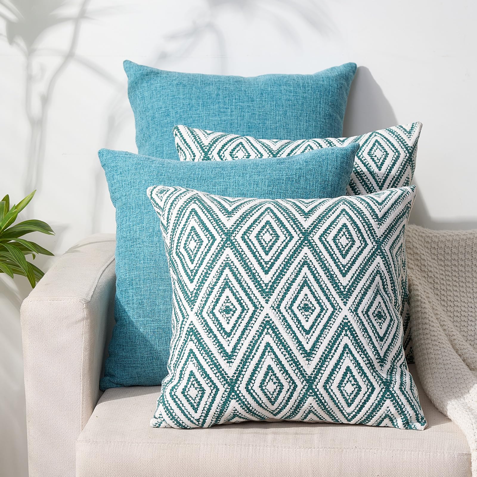 Hpuk Decorative Throw Pillow Covers Set Of 4 Geometric Design Linen Cushion Cover For Couch Sofa Living Room, 18'X18' Inches, Aqua Blue