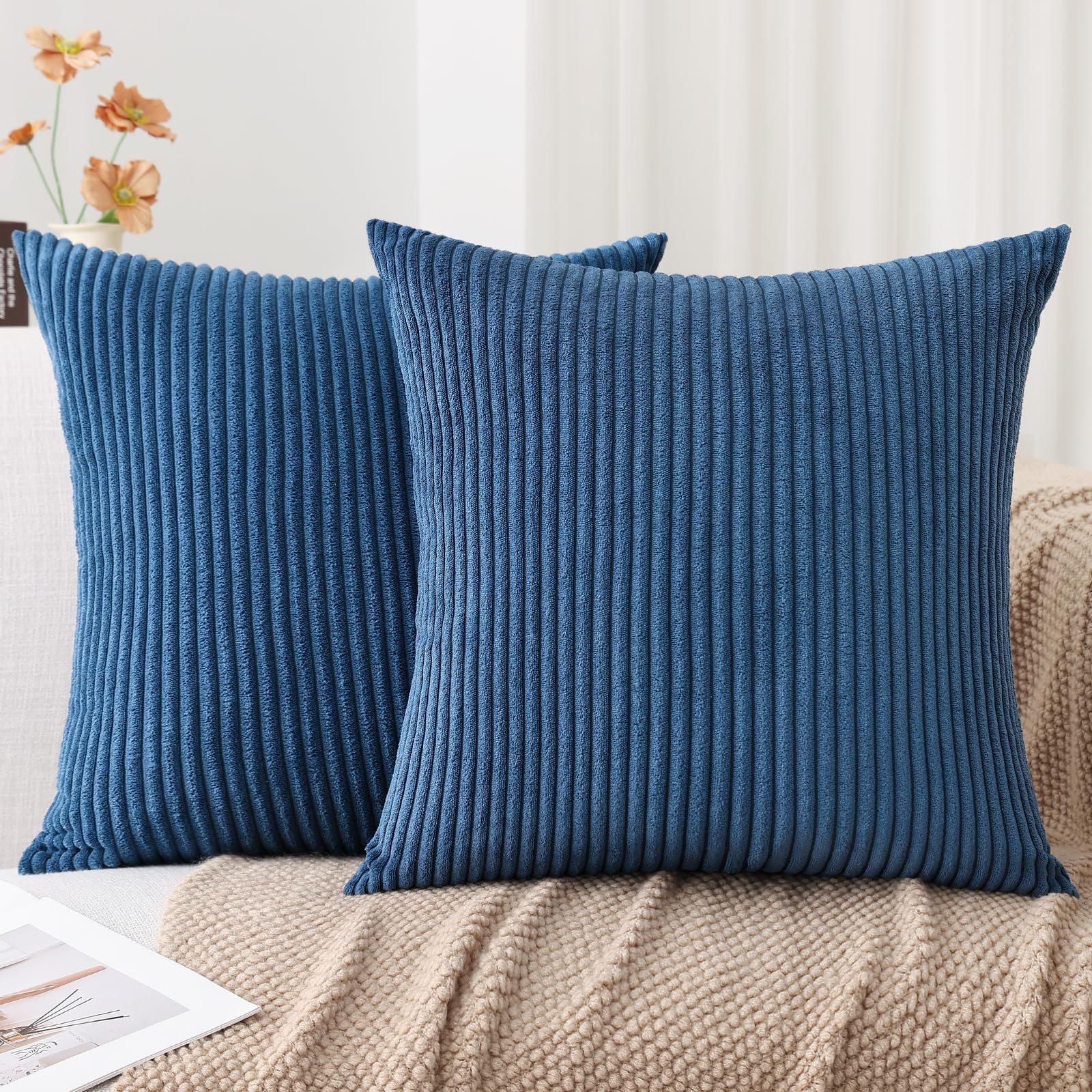 Mecatny Corduroy Decorative Throw Pillow Covers 24X24 Set Of 2 For Sofa Bedroom Living Room, Stylish Soft Striped Couch Pillow C