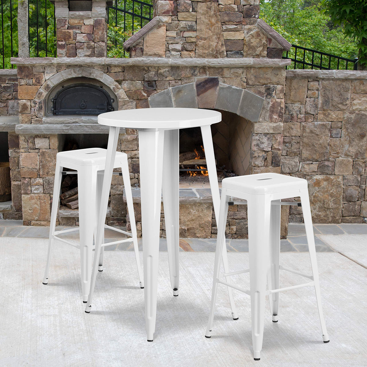 Flash Furniture Commercial Grade 24&quot; Round White Metal Indoor-Outdoor Bar Table Set with 2 Square Seat Backless Stools