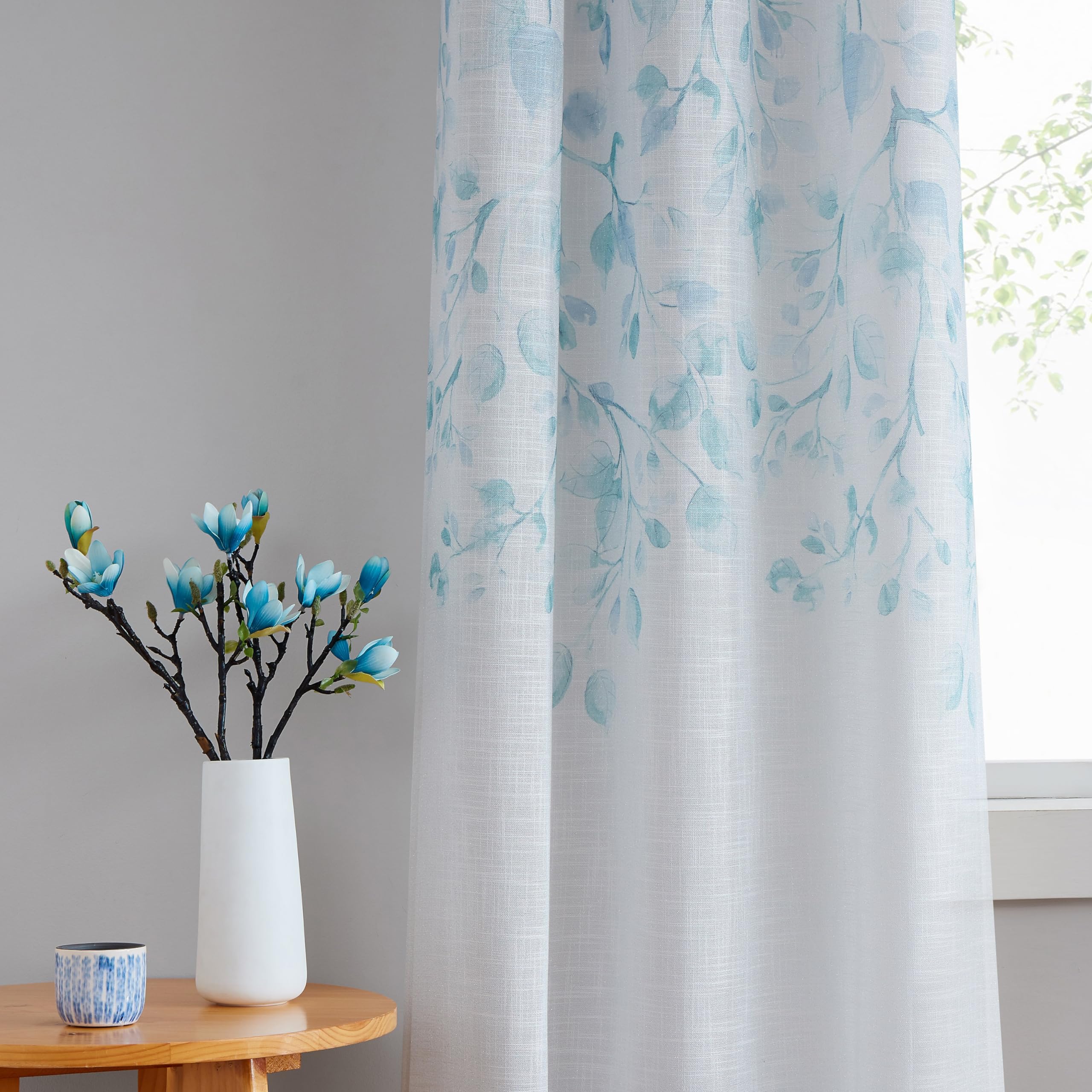 Teal Blue Leaf Floral Print Metallic Sheer Curtain Panel for Rustic Living Room/Bedroom Sparkling Decorative Grommet Top Window 