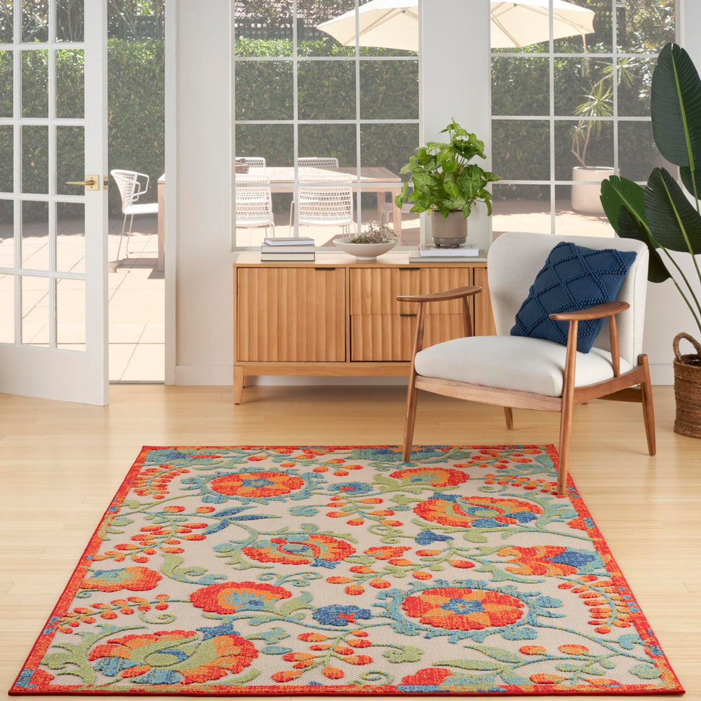 Nourison Aloha Indoor Outdoor Red Multicolor 6' X 9' Area Rug, Easy Cleaning, Non Shedding, Bed Room, Living Room, Dining Room, Backyard, Deck, Patio (6X9)