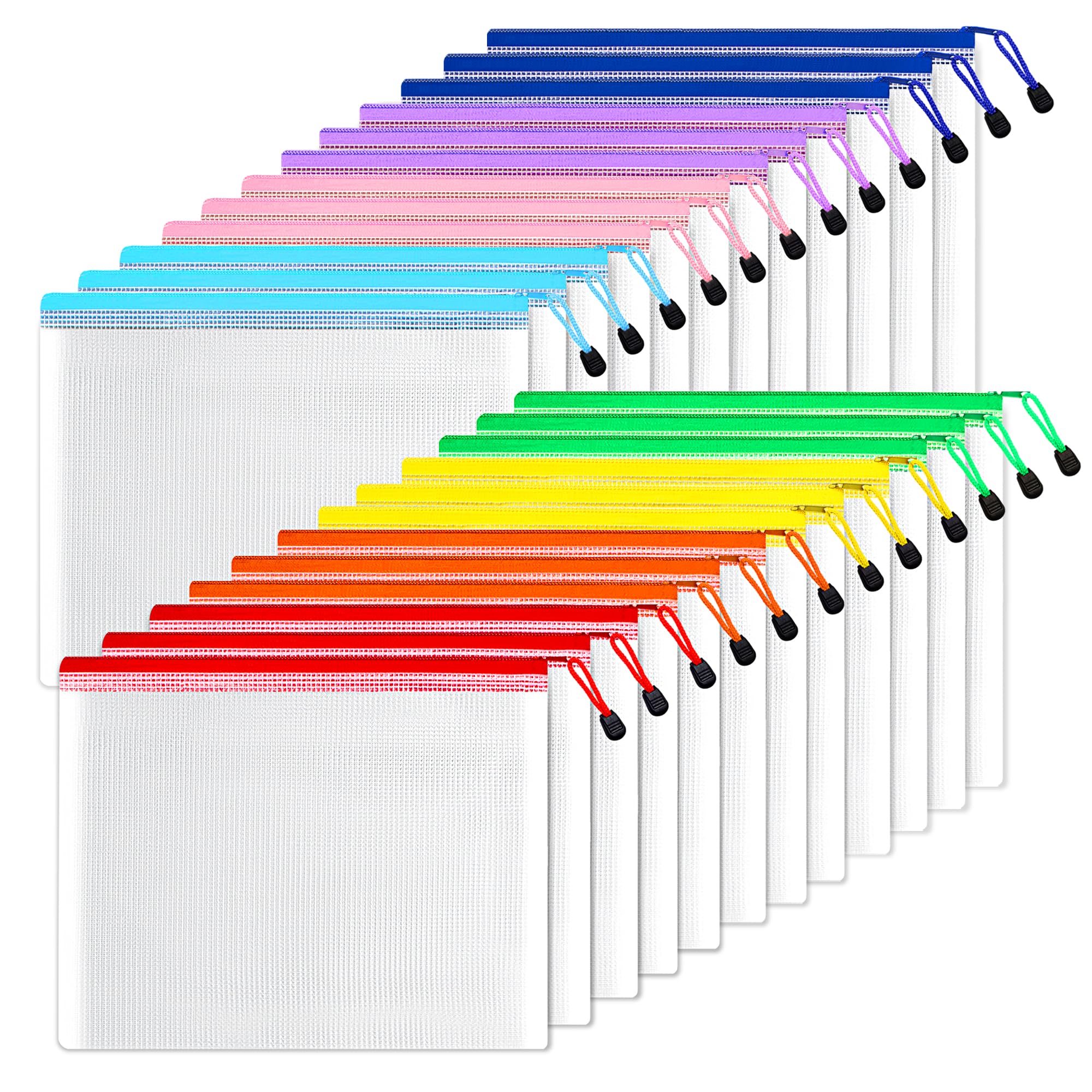 Sunee Mesh Zipper Pouch 9X13 In (6 Colors, 24 Packs),Extra Large Water-Resistant Zip Bag For School Office Supplies, Puzzles & G