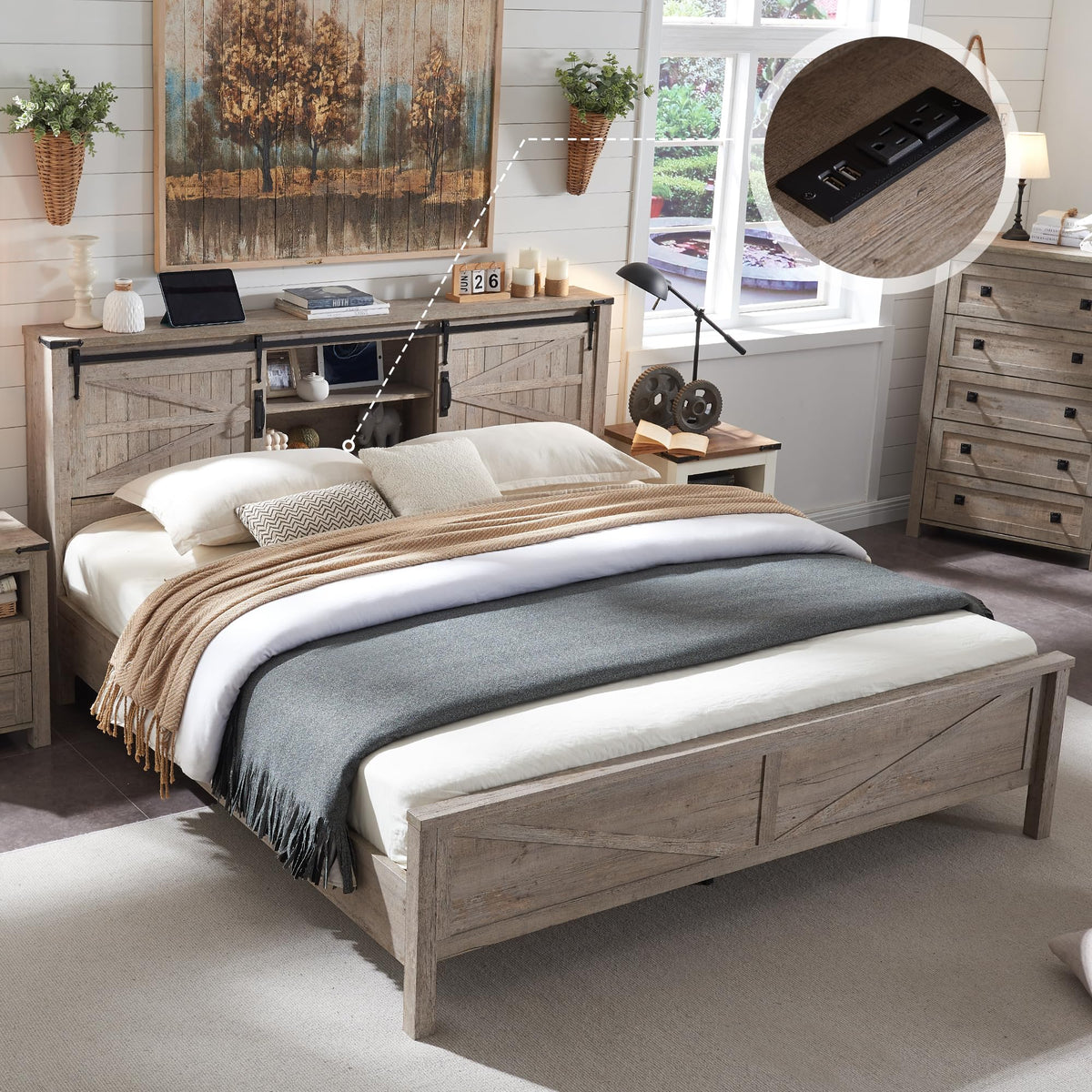 T4TREAM Farmhouse King Size Bed Frame w/Storage Bookcase Headboard, Sliding Barn Door, Charging Station, Rustic Wood Platform Be
