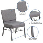 Flash Furniture HERCULES Series 21''W Church Chair in Gray Fabric with Book Rack - Silver Vein Frame