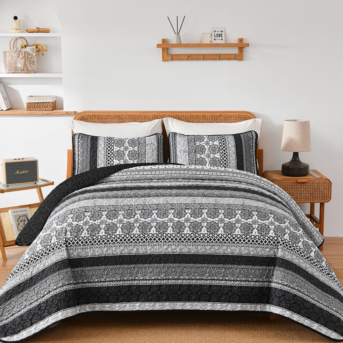 Wongs Bedding Boho Quilt Set Queen Size, Grey Bohemian 3 Pieces Quilt Sets, Lightweight Summer Bedspread Coverlet Bedding Set Fo