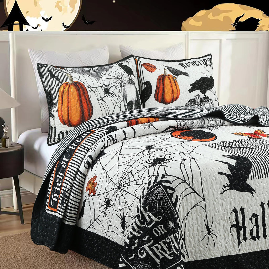 Marcielo 3 Pcs Halloween Themed Quilt Bedspread Set - Cozy And Spooky Pumpkin And Ghost Pattern Me500 (Halloween, King)