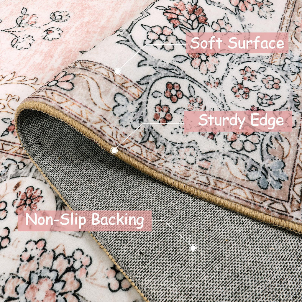Lahome Machine Washable 2X6 Runner Rug With Rubber Backing,Soft Floral Pink Runners For Nursery, Girl And Kids,Boho Ultra-Thin N