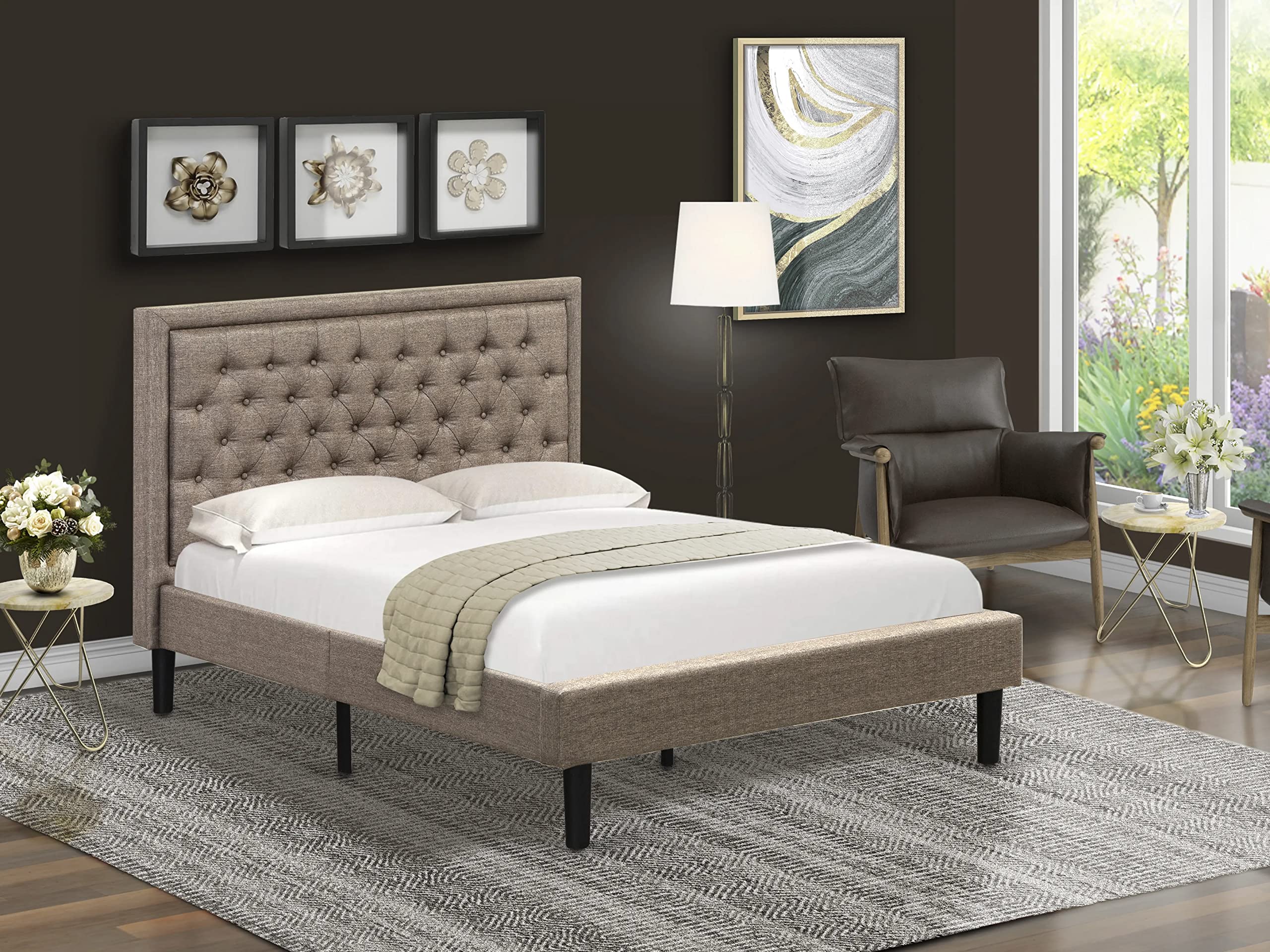 East West Furniture KDF-16-F Platform Full Size Bed - Dark Khaki Linen Fabric Upholstered Bed Headboard with Button Tufted Trim Design - Black Legs