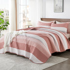Andency Queen Quilt Bedding Set Blush Pink, 3 Pieces Patchwork Summer Striped Ultra Soft Lightweight Bedspreads, Coverlets Set With 2 Pillow Shams For All Seasons (90'X96')