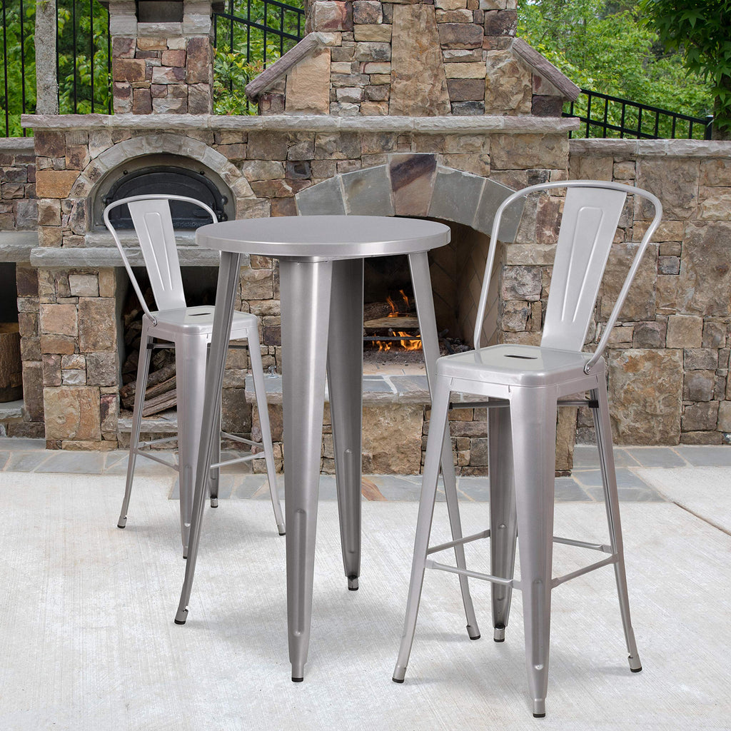Flash Furniture Nichols Commercial Grade 24" Round Silver Metal Indoor-Outdoor Bar Table Set With 2 Cafe Stools