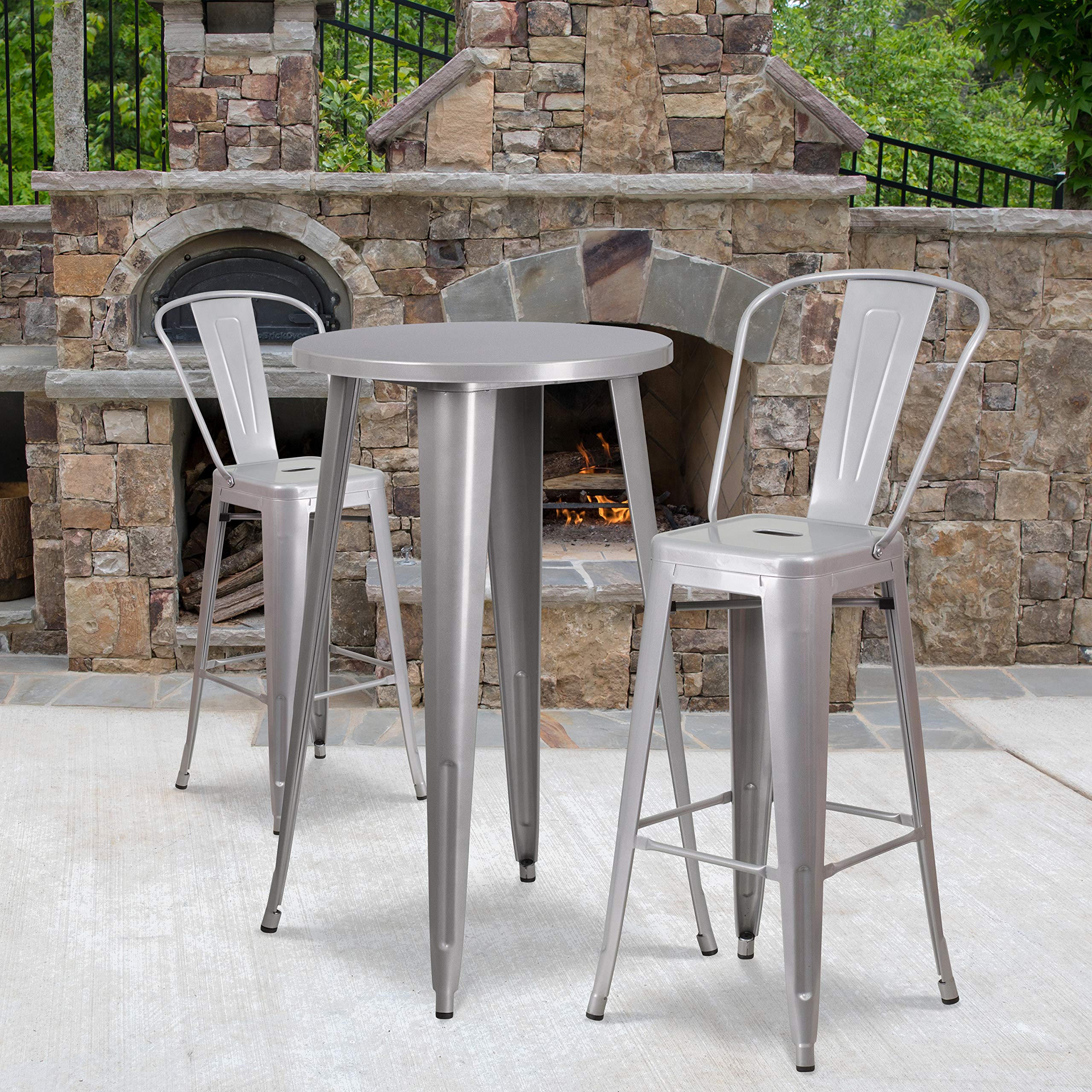 Flash Furniture Nichols Commercial Grade 24" Round Silver Metal Indoor-Outdoor Bar Table Set With 2 Cafe Stools