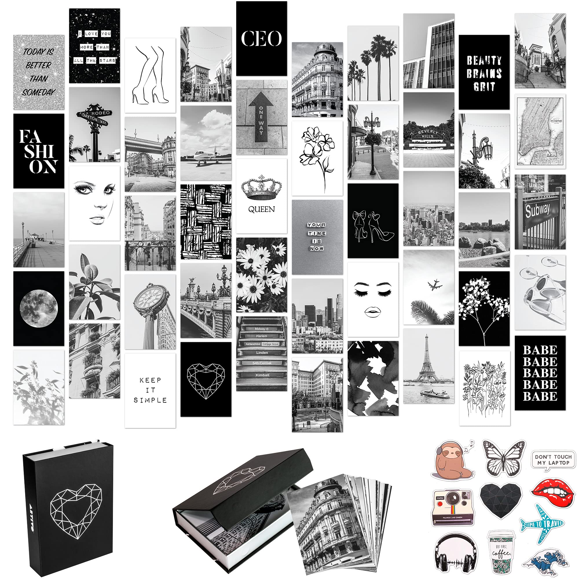 Artivo Black White Aesthetic Picture for Wall Collage 50 set 4x6, City Chic Wall Decor for Teen Girls, Aesthetic Posters, Black 