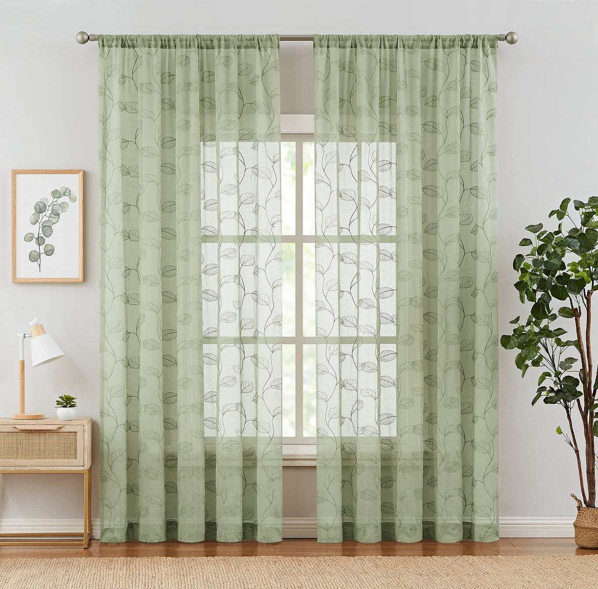 Lazzzy Sage Sheer Curtains Leaf Embroidered 63 Inch Length For Living Room Bedroom Rod Pocket Voile Window Drapes 2 Panels