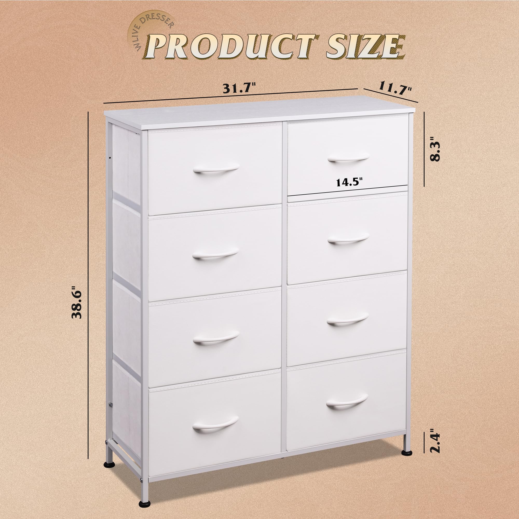 Wlive Fabric Dresser For Bedroom, Tall Dresser With 8 Drawers, Storage Tower With Fabric Bins, Double Dresser, Chest Of Drawers For Closet, Playroom, Dormitory, White