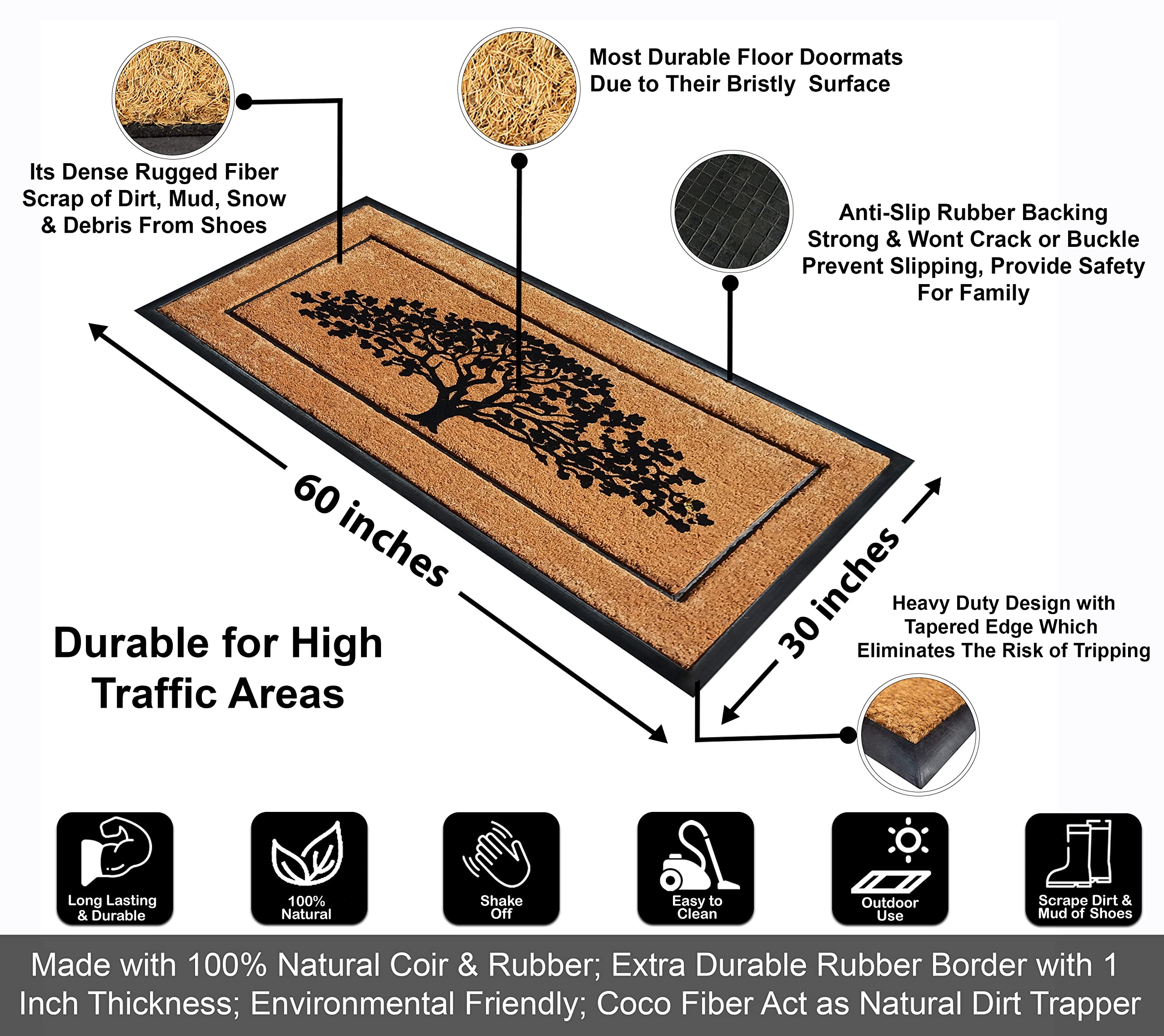 A1Hc Natural Coir & Rubber Hand Flocked Large Door Mat 30X60 Inches Thick Durable Doormats For Entrance Heavy Duty, Thin Profile