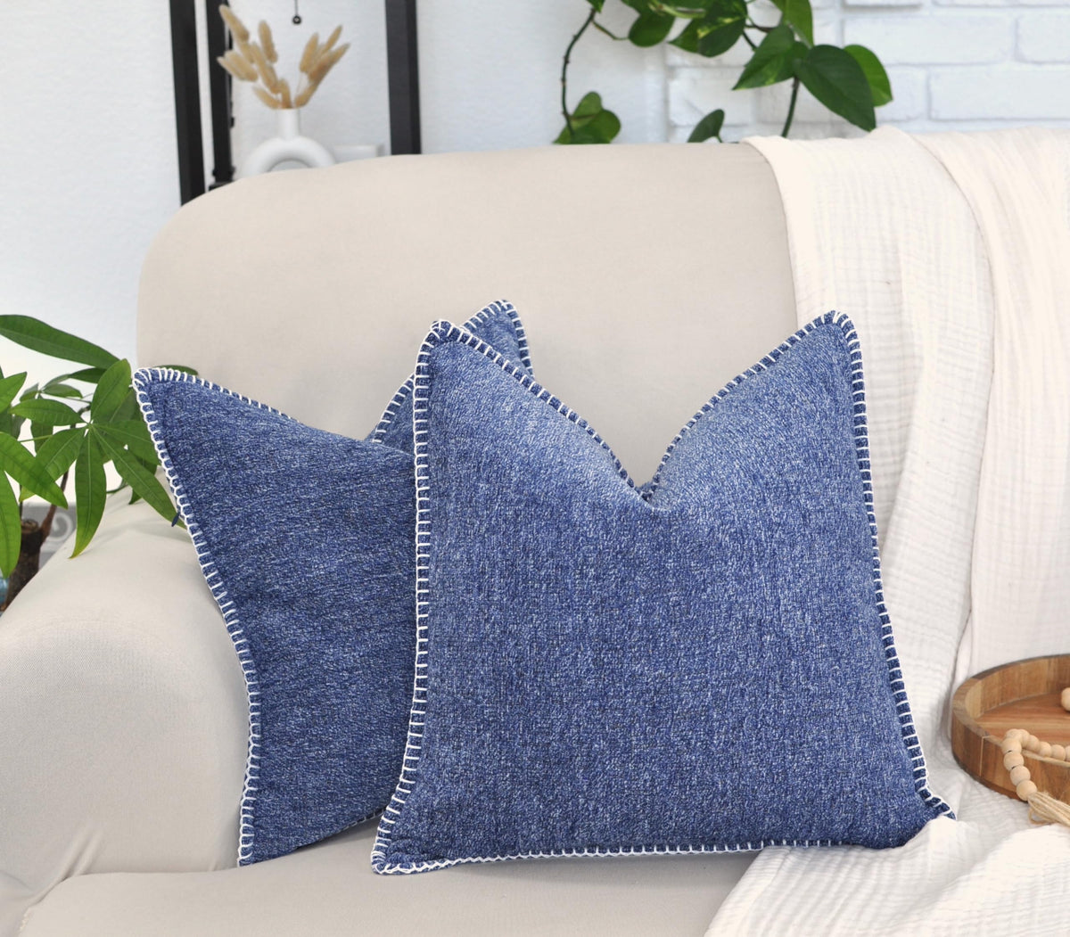 24X24 Pillow Covers Set Of 2 Navy Blue Soft Textured Chenille, Soft Cozy Large Cushion Covers For Couch, Modern Square Big Pillo