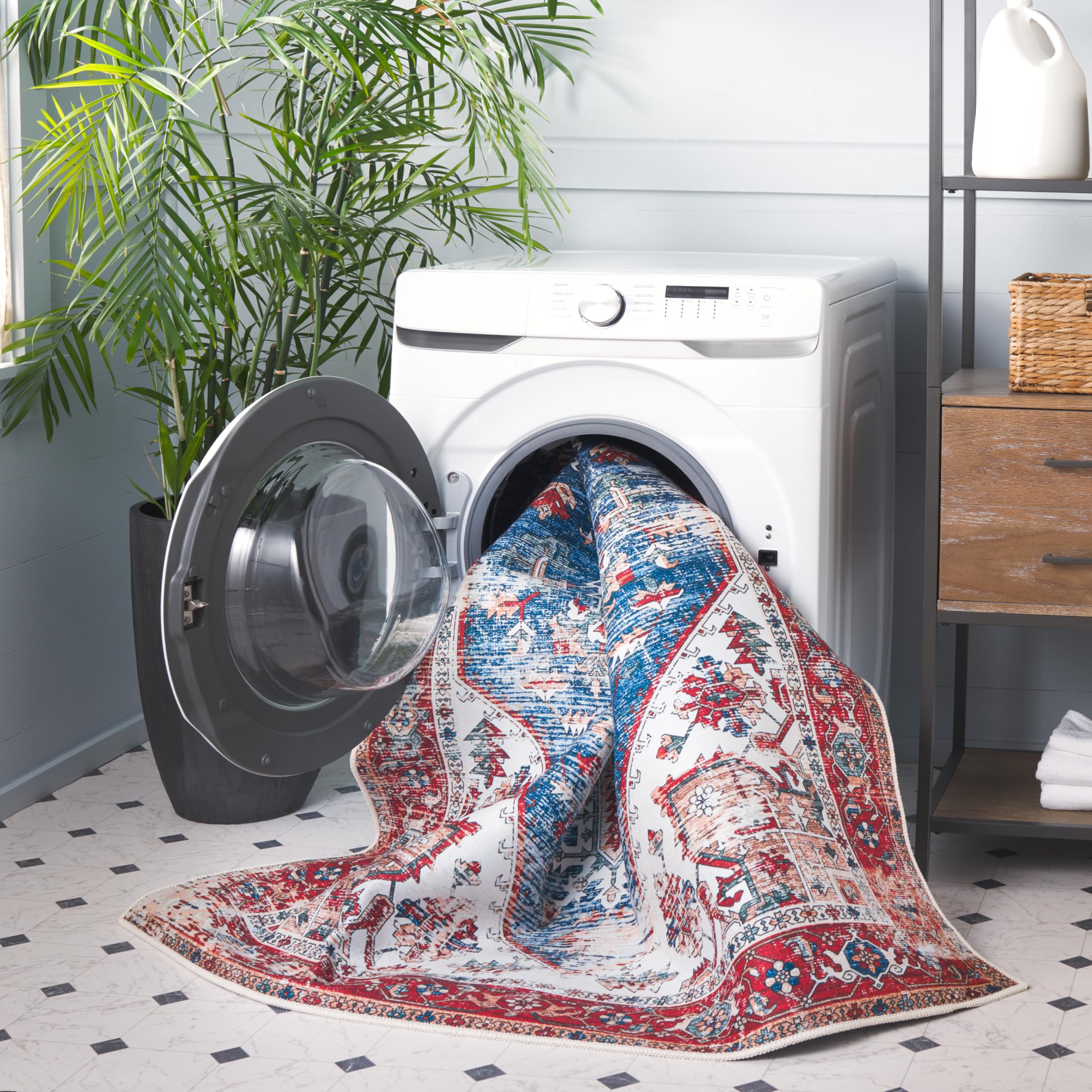 SAFAVIEH Washable Rug Tucson Collection - 3 Square, Blue & Red, Slip Resistant, Ideal for High Traffic Areas in Living Room, Fo
